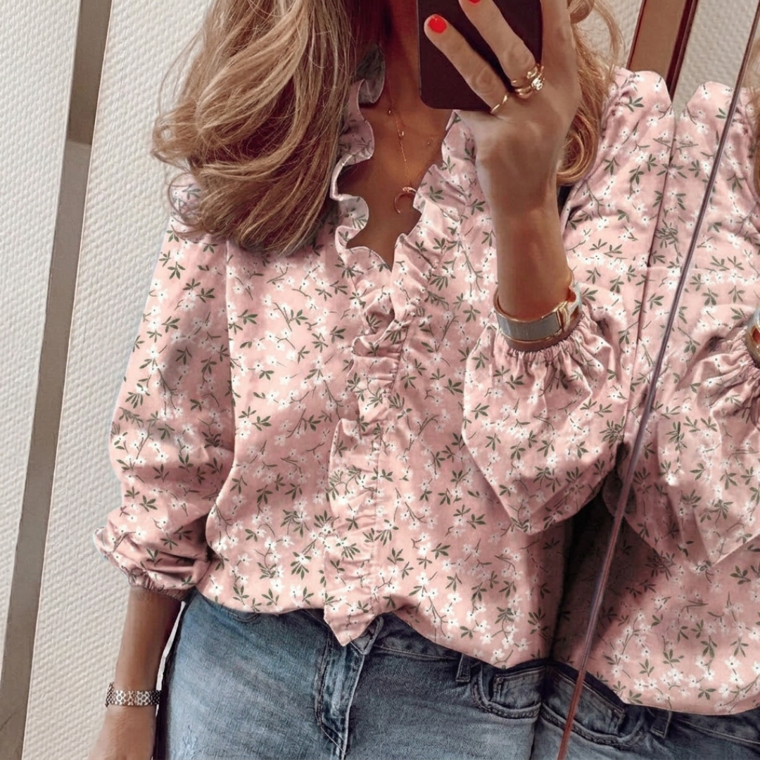 Chemisier femme rose poudré col V volants manches bouffantes