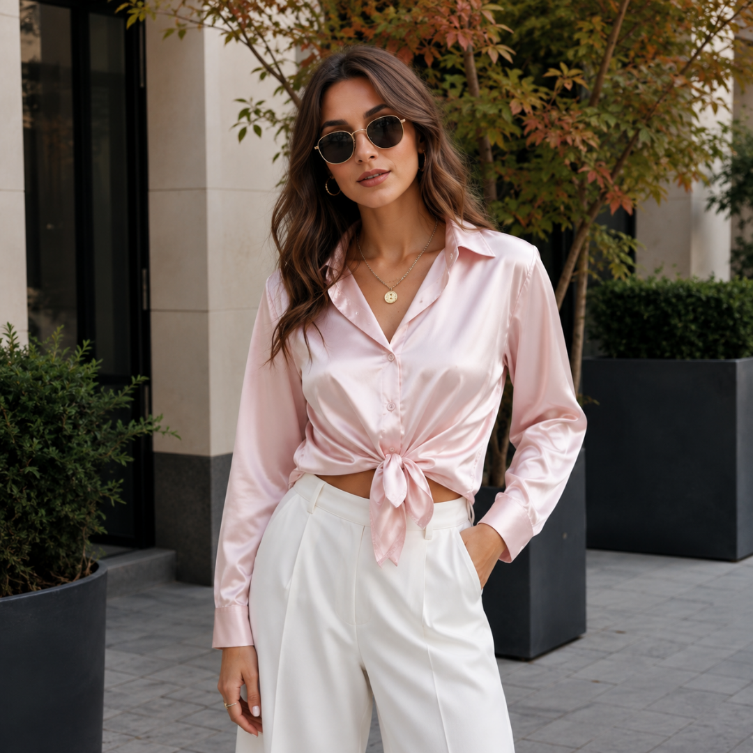Chemisier femme rose à aspect satiné noué à la taille, manches longues