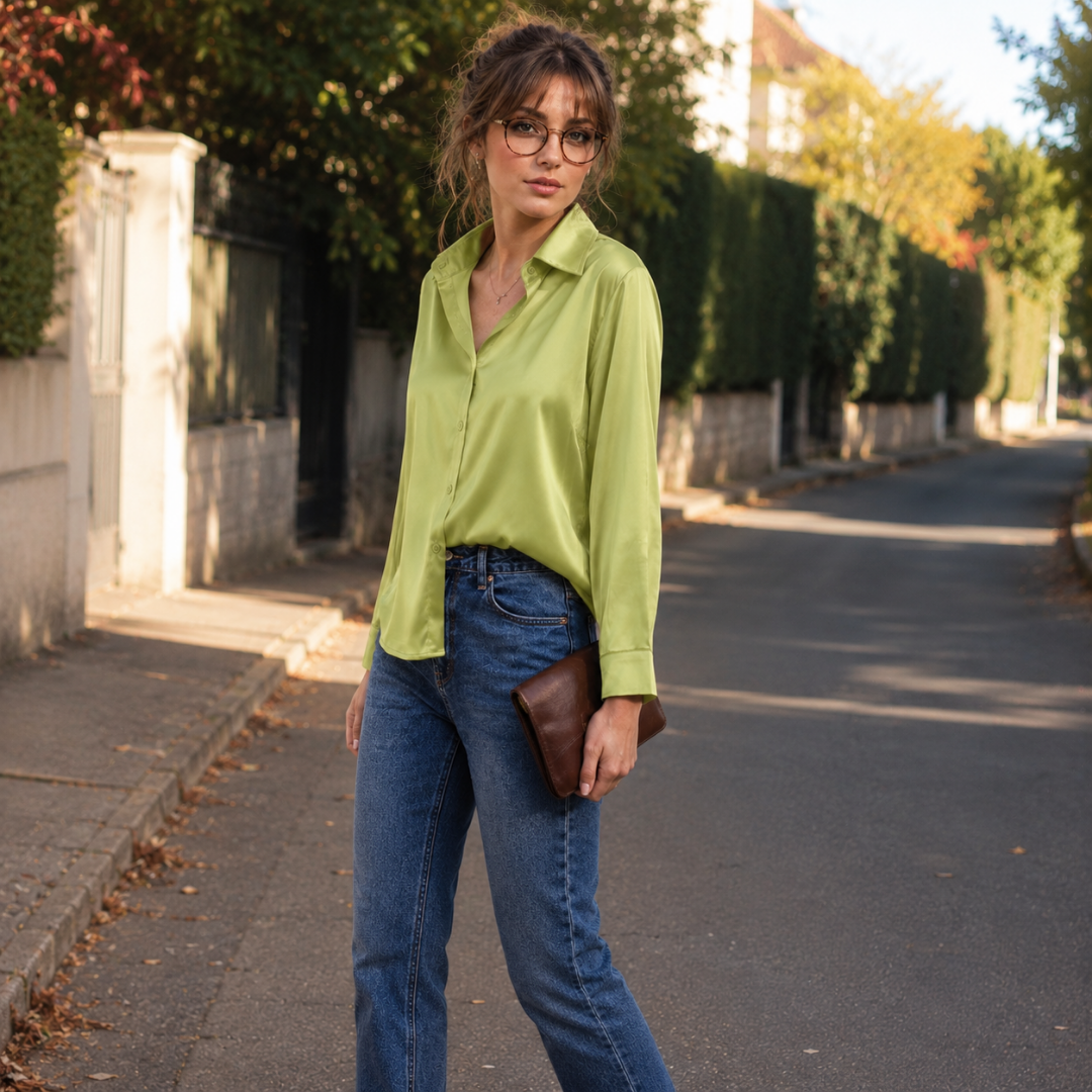 Chemisier femme vert à aspect satiné, col pointu ouvert et boutonnage devant