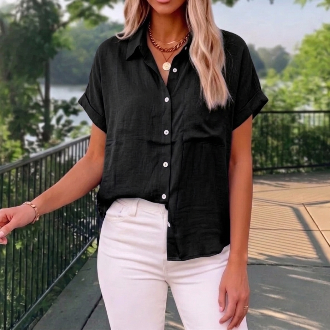 Chemisier femme noir manches courtes col chemise boutonnée