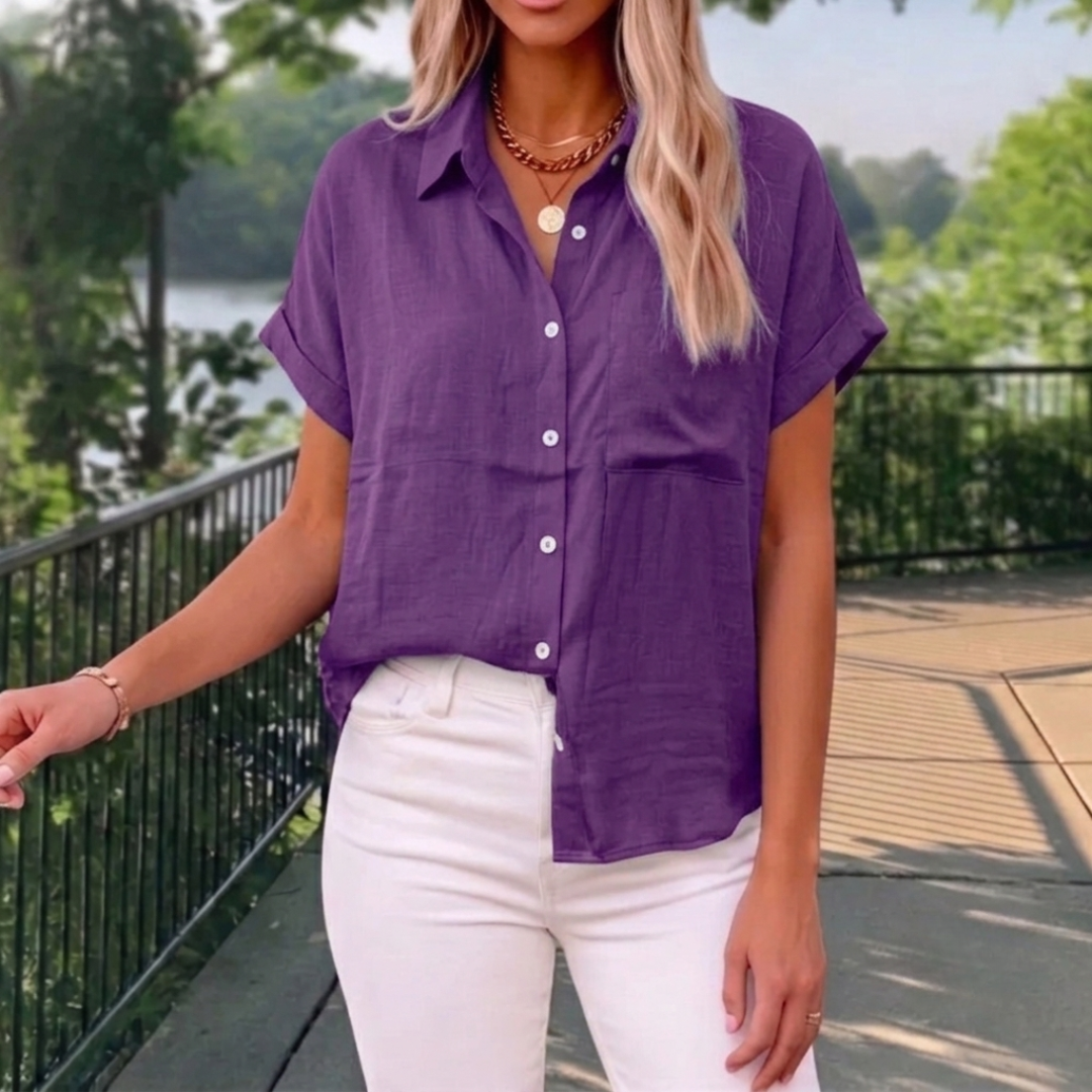 Chemisier femme violet manches courtes boutonnée poche poitrine