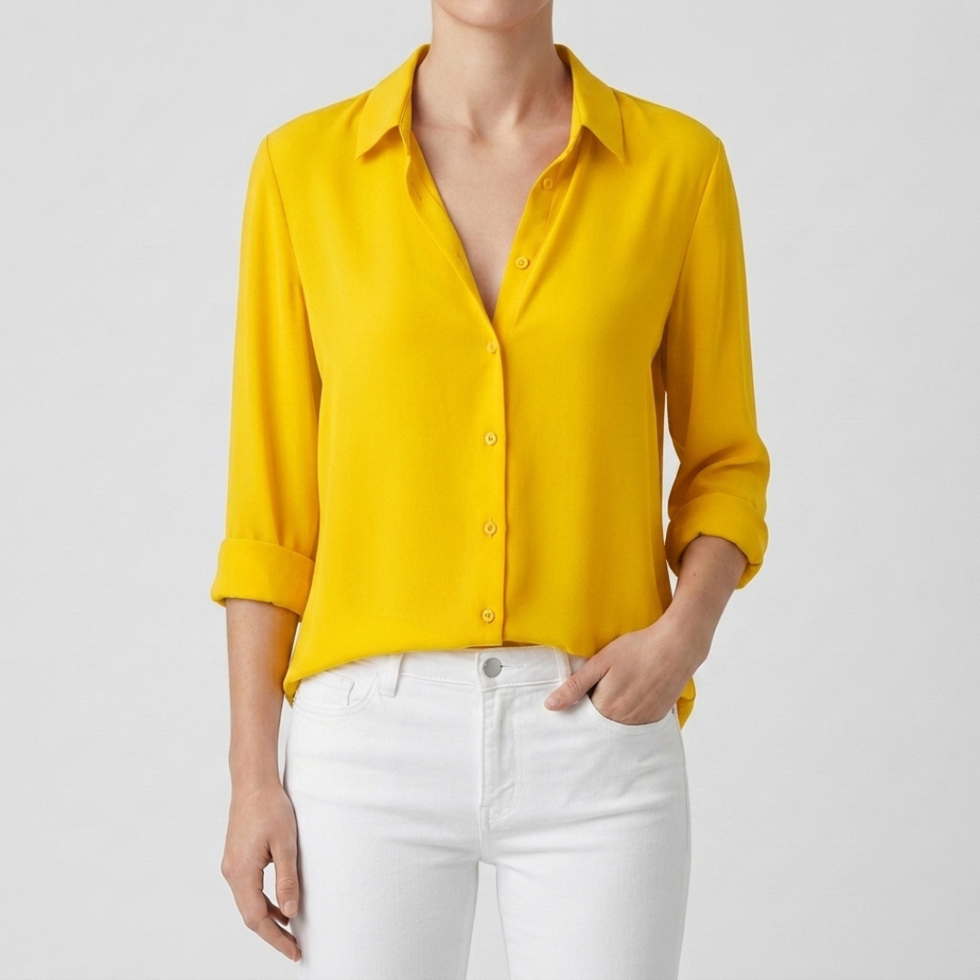 Chemisier femme jaune boutonné manches longues vue de face