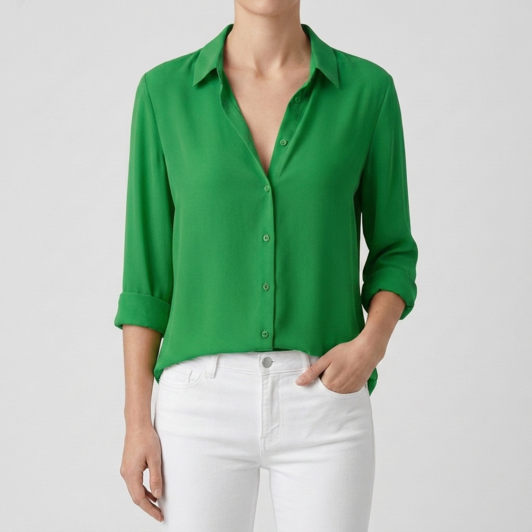 Chemisier femme vert col V manches longues vue de face