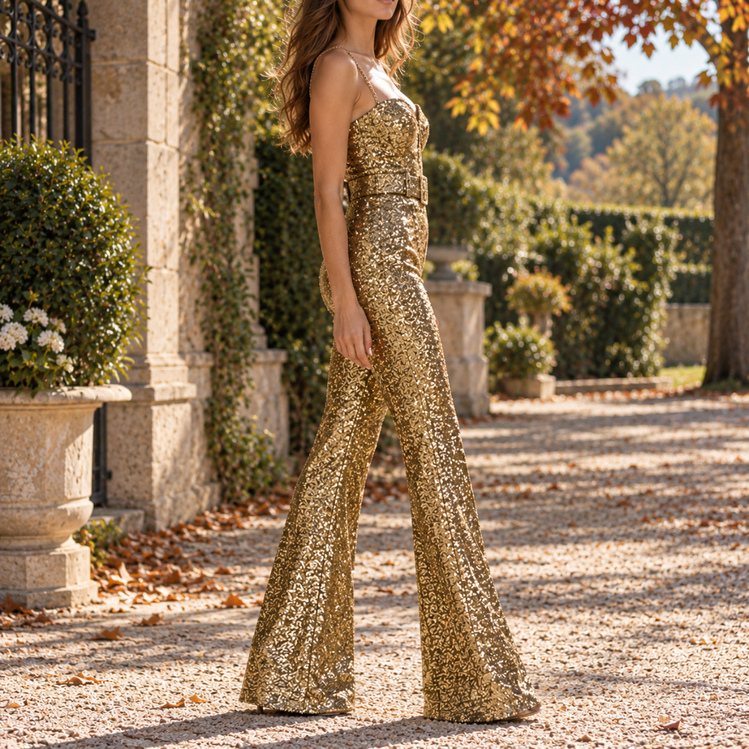 Vue de profil de la combinaison or à paillettes avec taille ceinturée