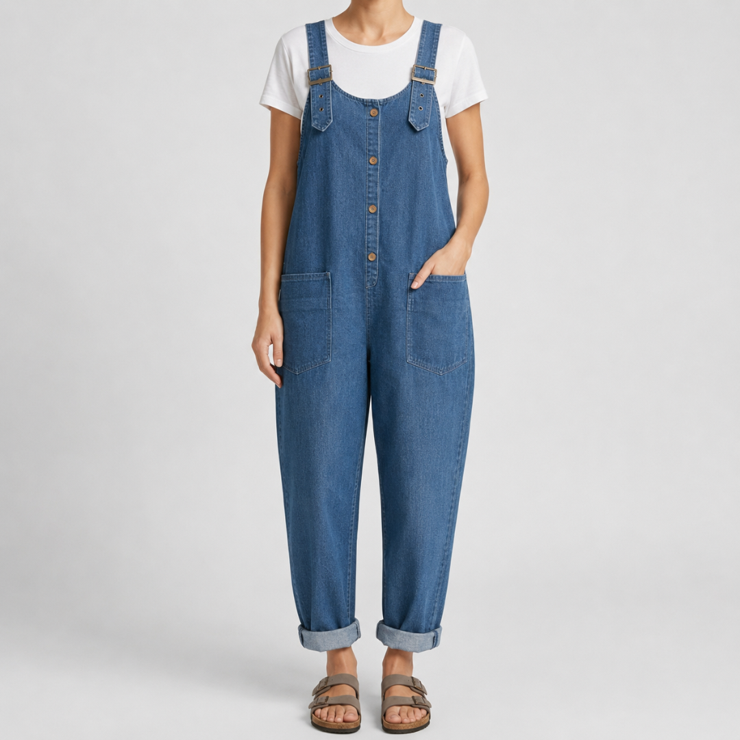 Combinaison femme oversize bleu denim avec boutons dorés et grandes poches
