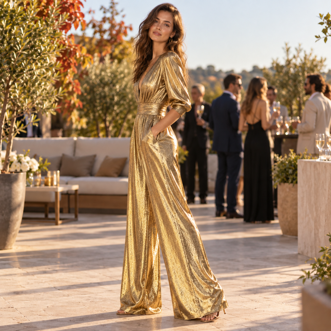 Combinaison dorée brillante vue de côté, jambes larges et taille marquée