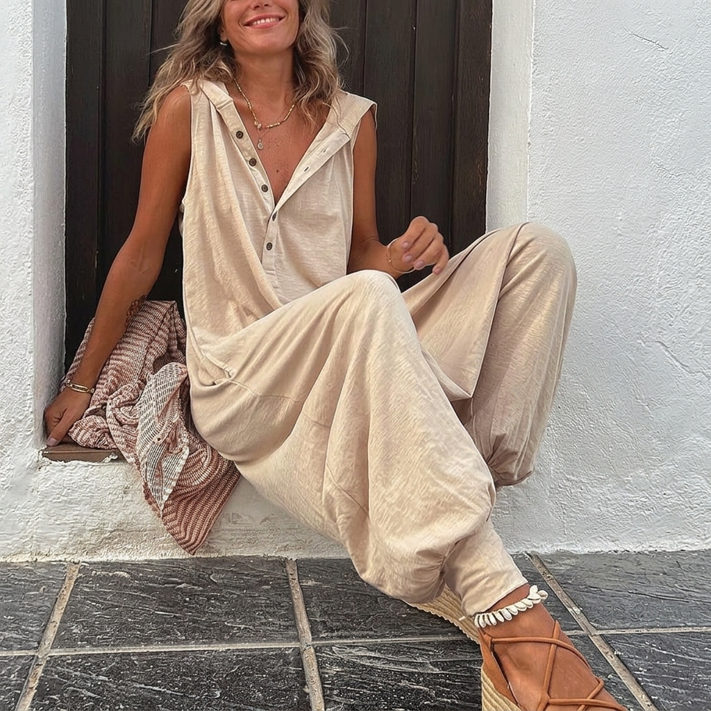 Combinaison femme beige fluide à capuche col V, vue de face
