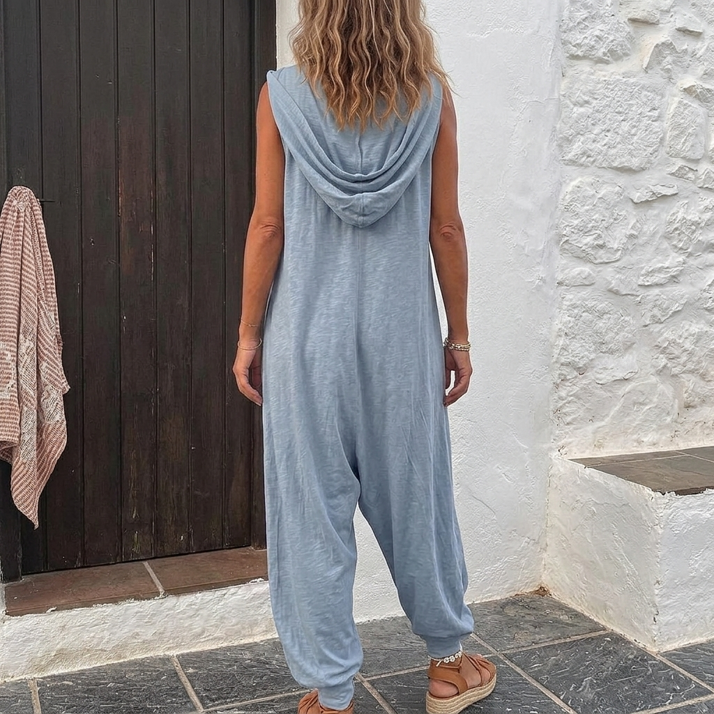 Combinaison bleu clair jambes larges à capuche, vue de profil