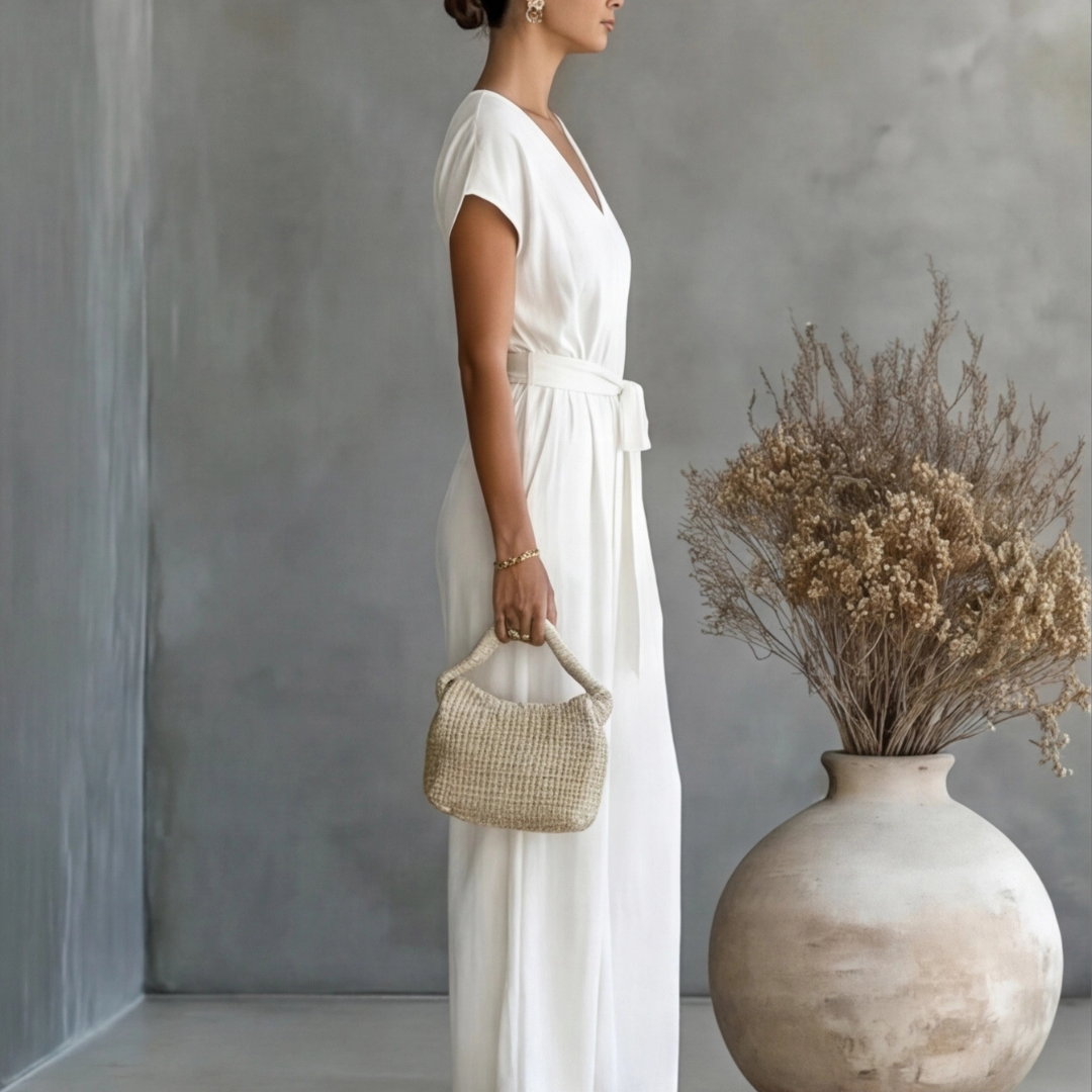 Combinaison femme blanc avec ceinture nouée vue de dos