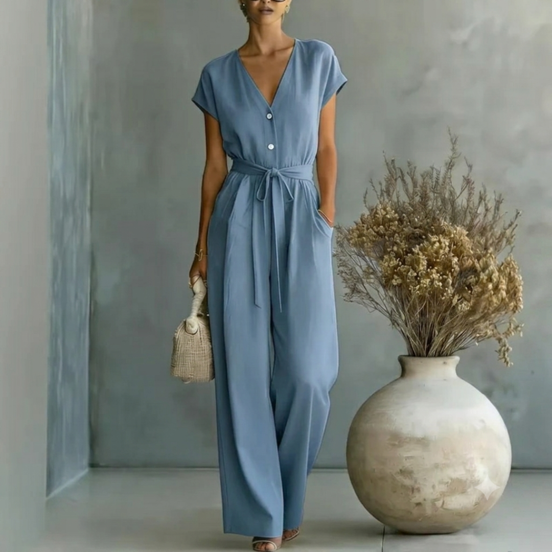 Combinaison femme bleu clair manches courtes jambes larges