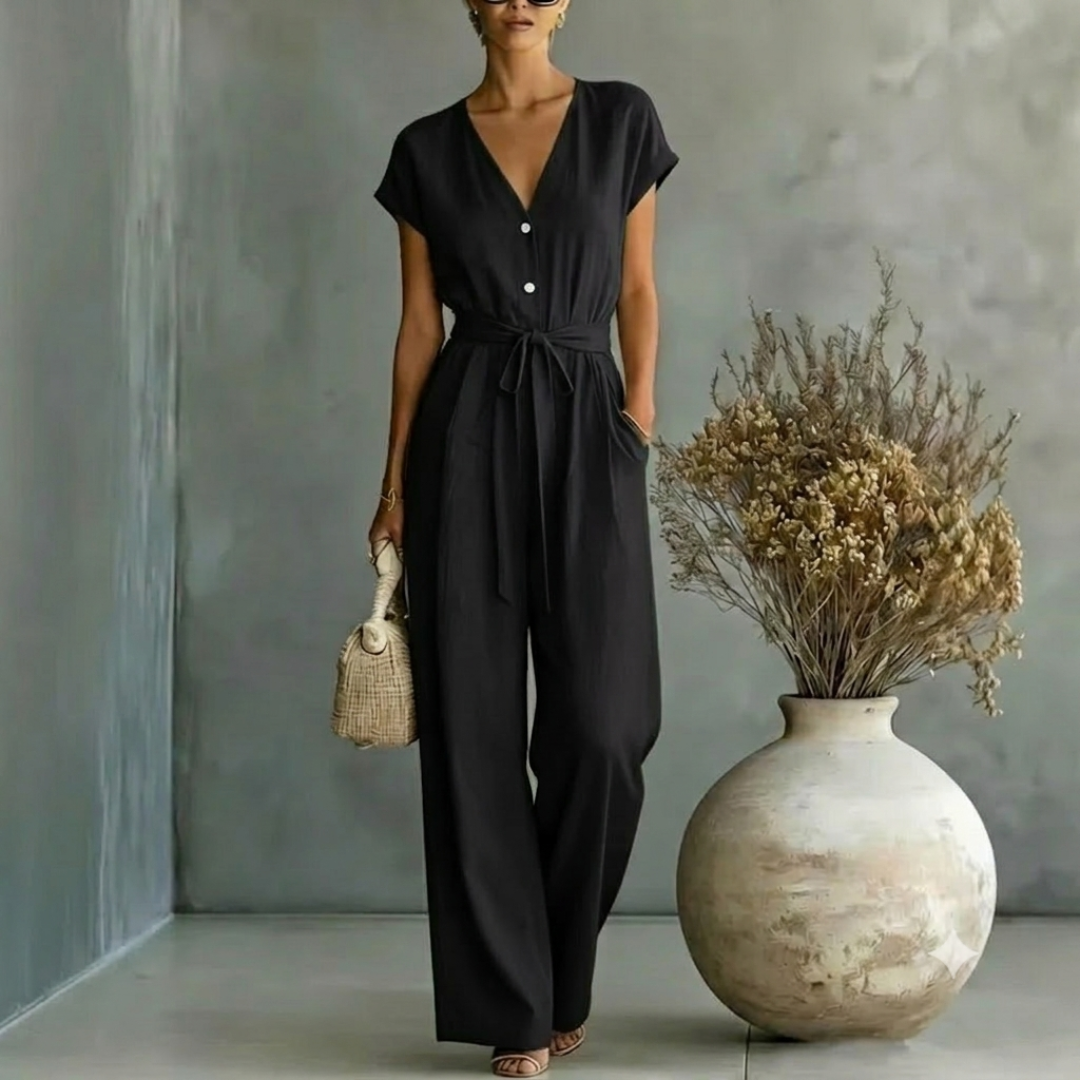 Combinaison femme noir col V jambes larges vue de face