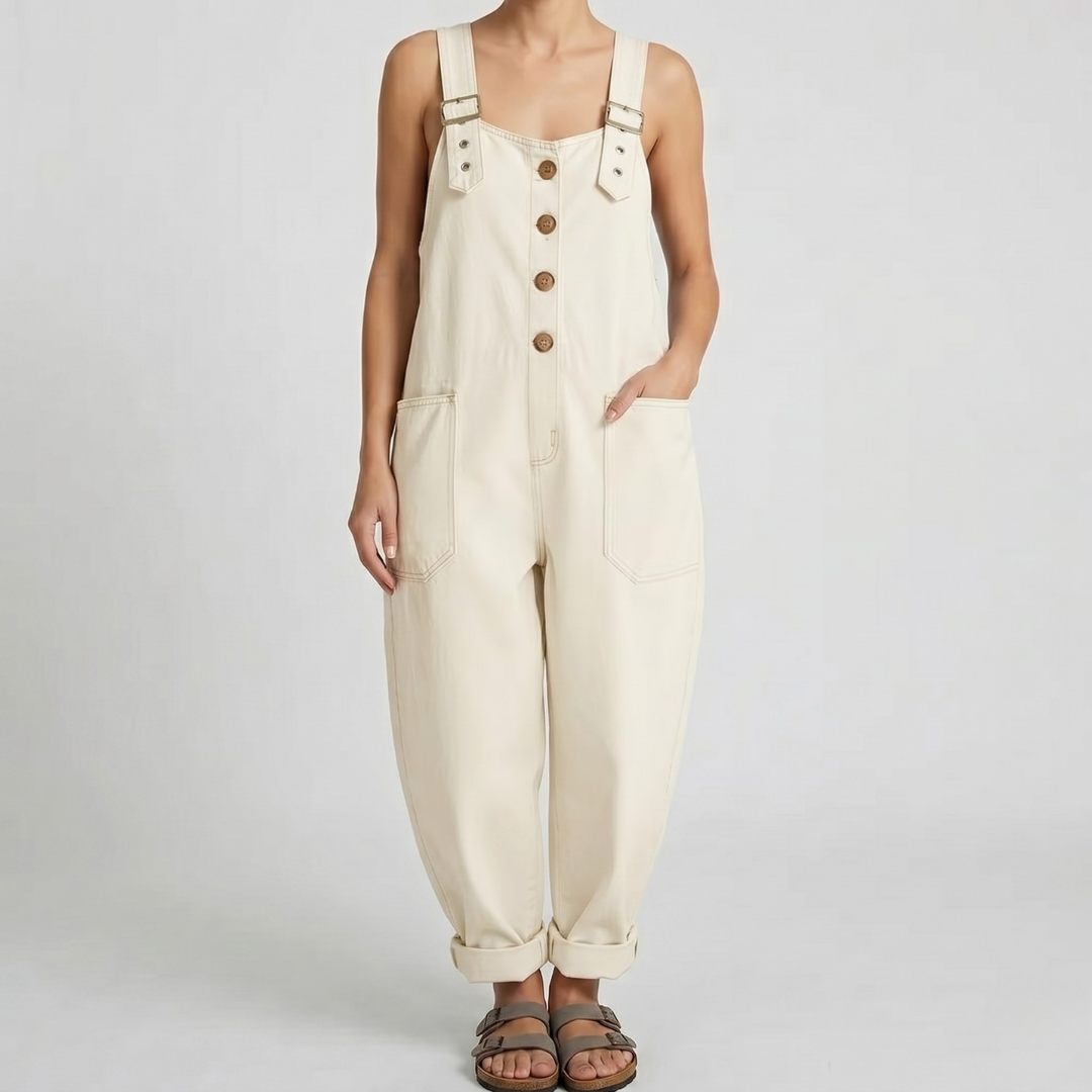 Combinaison denim blanc femme vue de face jambes larges