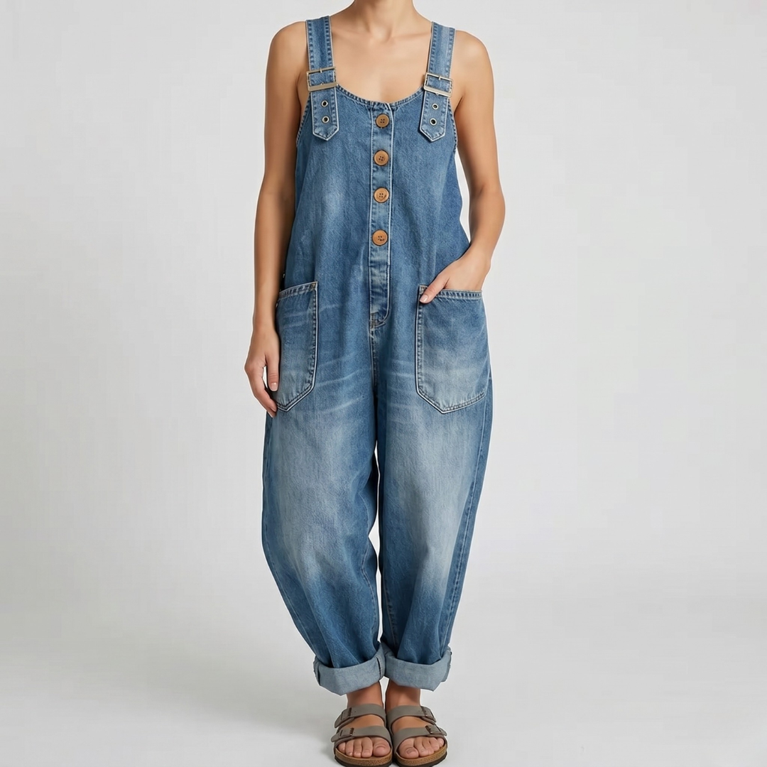 Combinaison denim wash moyen femme coupe ample décontractée