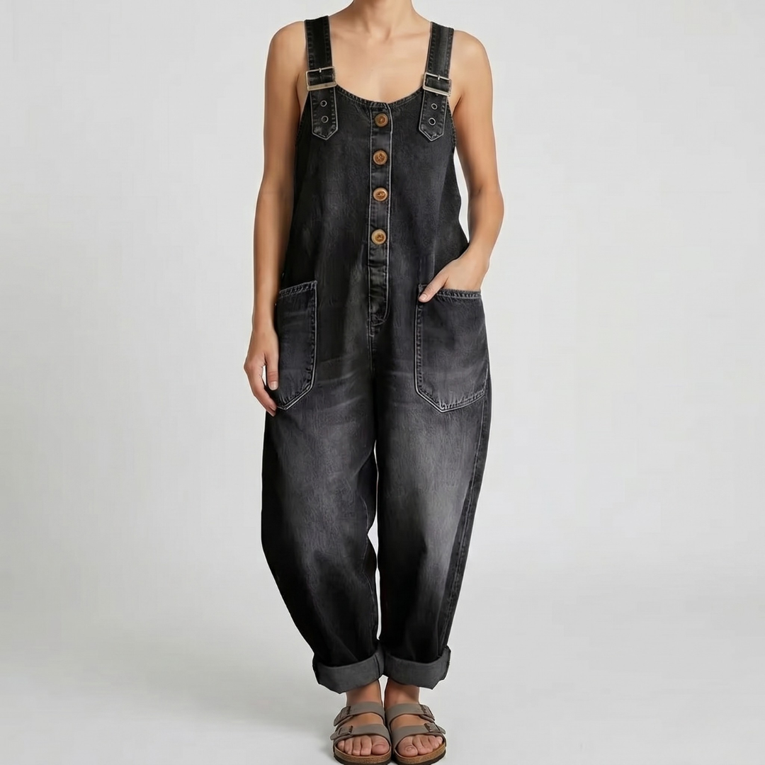 Combinaison denim noir femme vue de face style casual