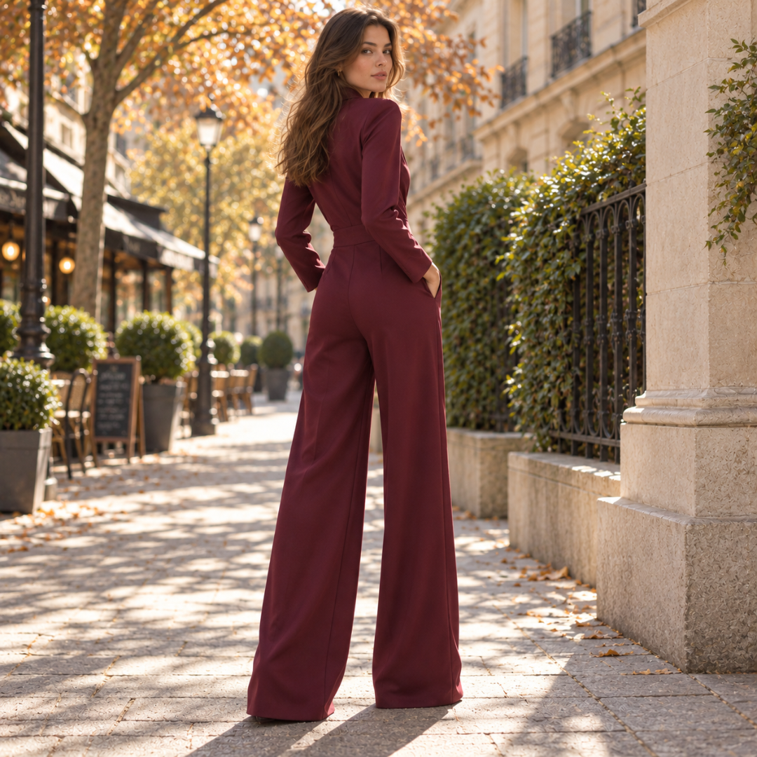 Dos de la combinaison bordeaux montrant la taille marquée et le pantalon large