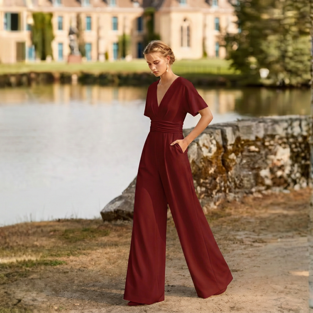 Combinaison rouge foncé jambes larges manches courtes en jardin