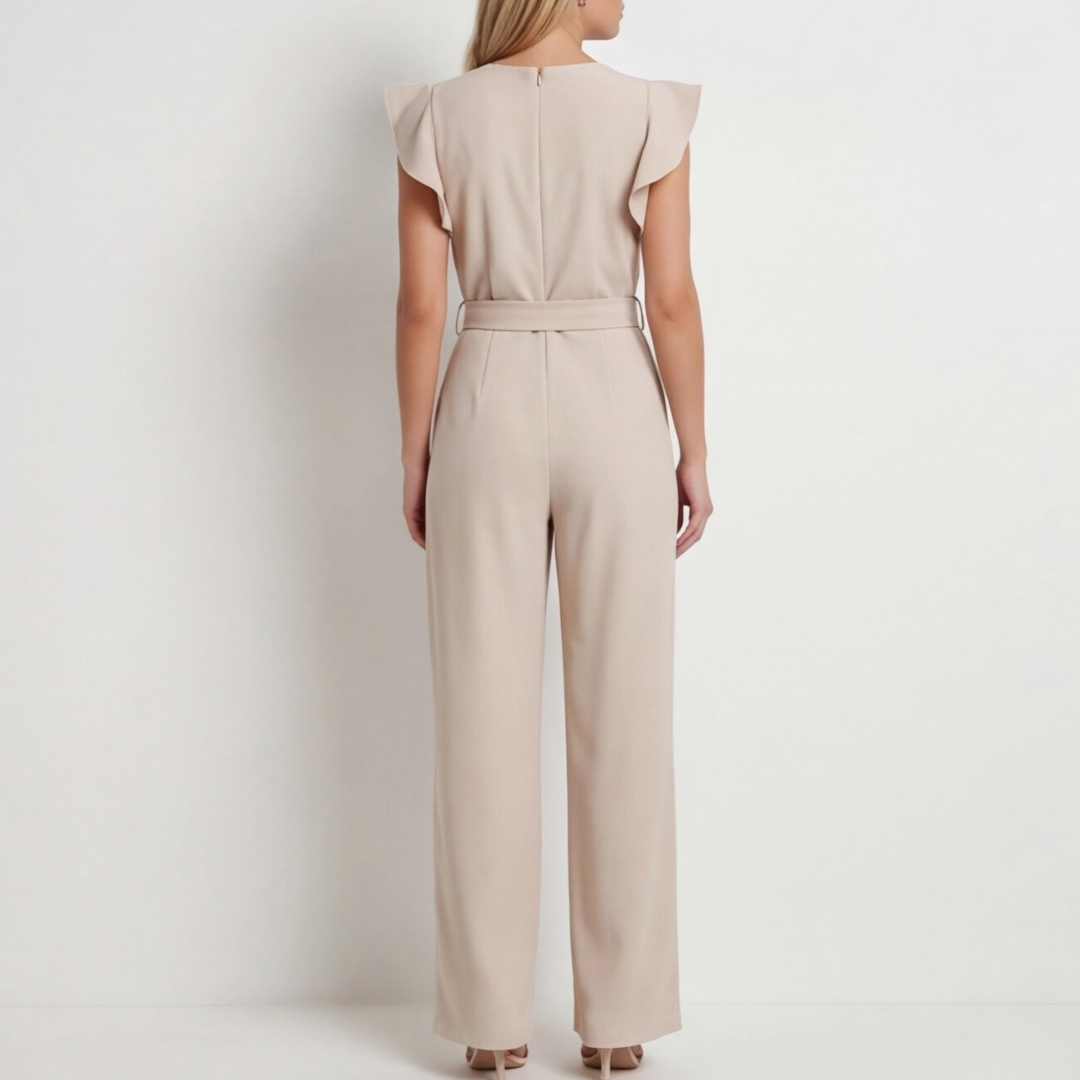 Combinaison beige pantalon palazzo, détail ceinture à nouer