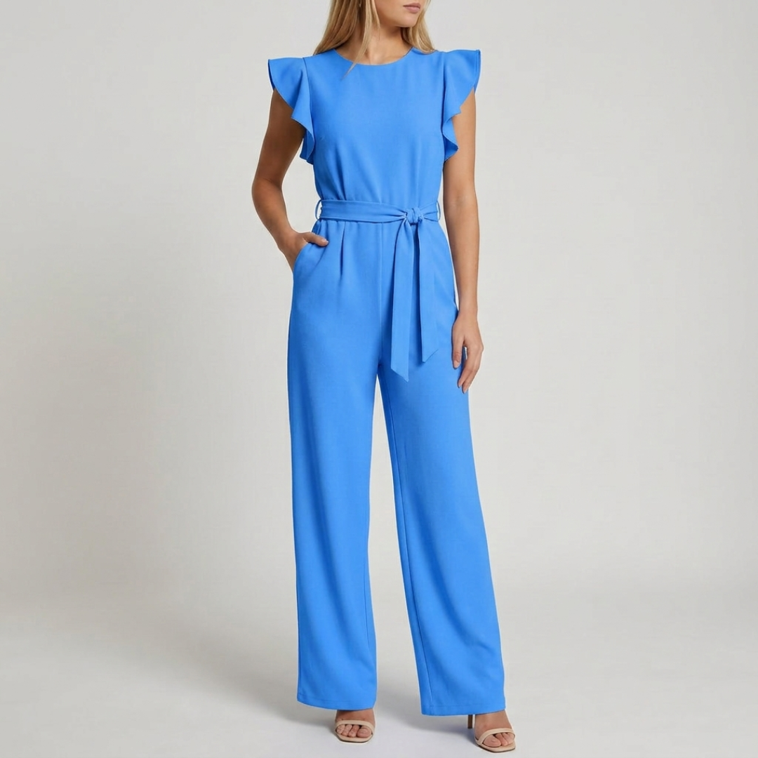 Combinaison femme bleu vif col rond, ceinture nouée, jambes larges