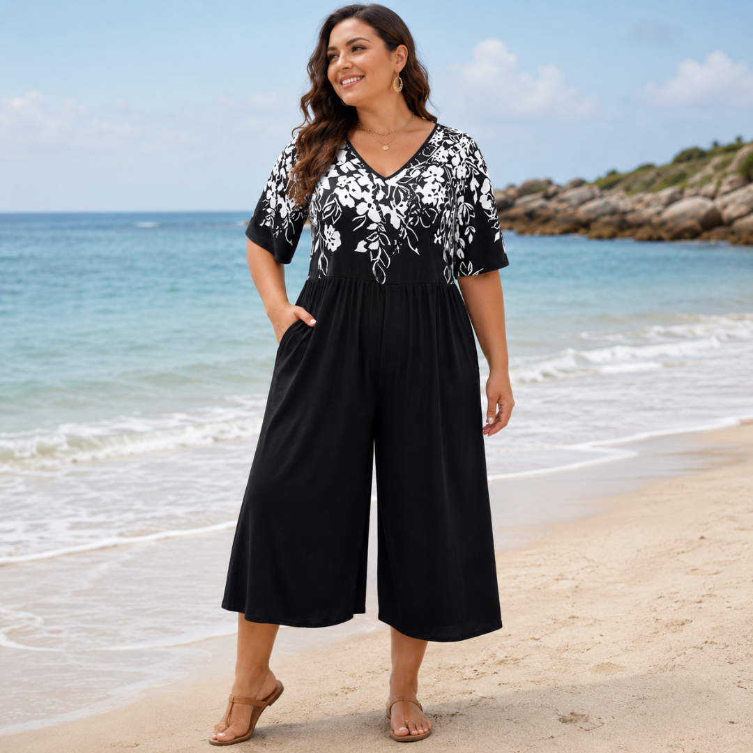 Combinaison femme noire à motif floral, manches courtes et bas ample raccourci