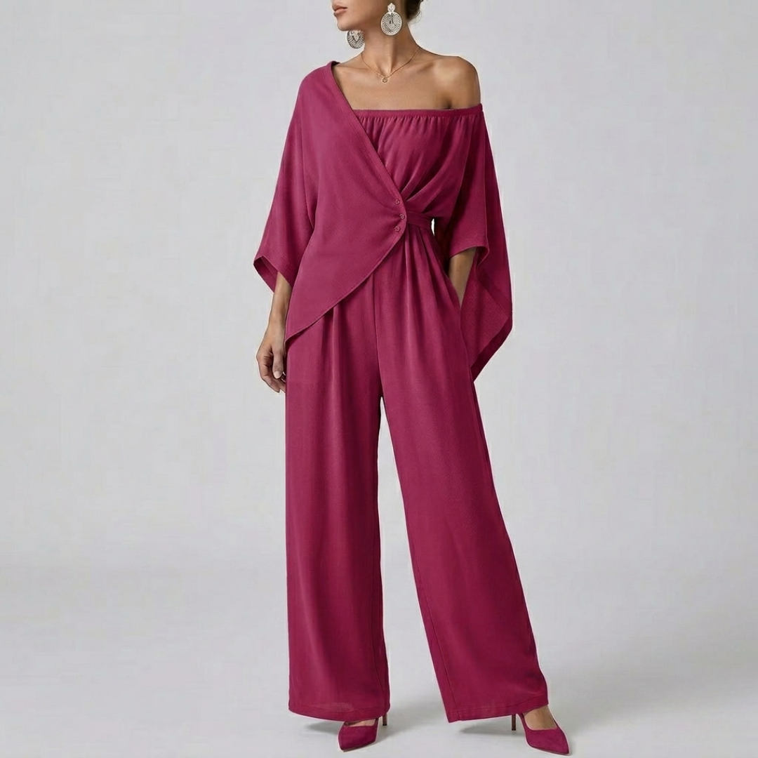 Combinaison femme rose rouge tissu fluide jambes larges vue entière