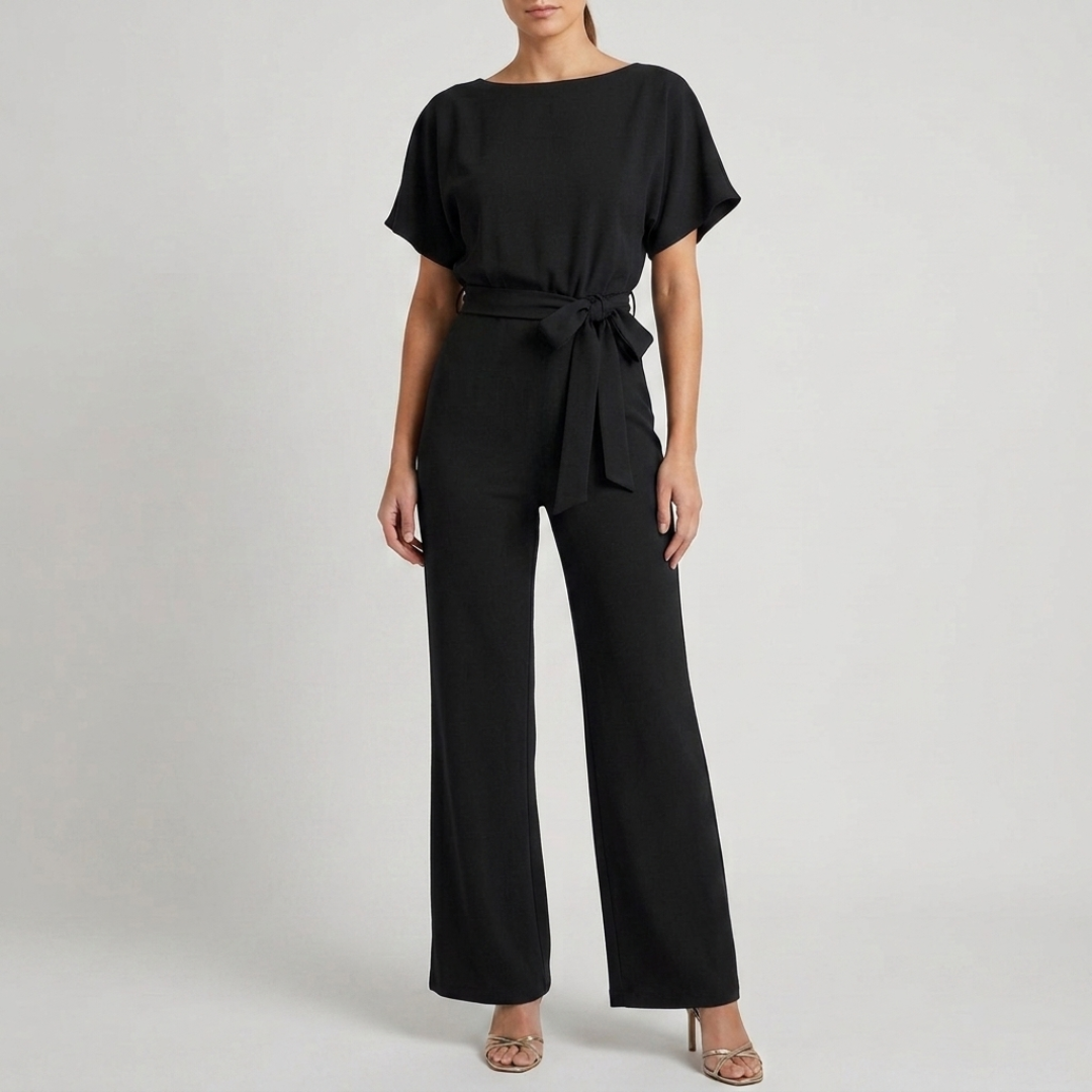 Combinaison femme noir col bateau ceinture cravate jambes larges