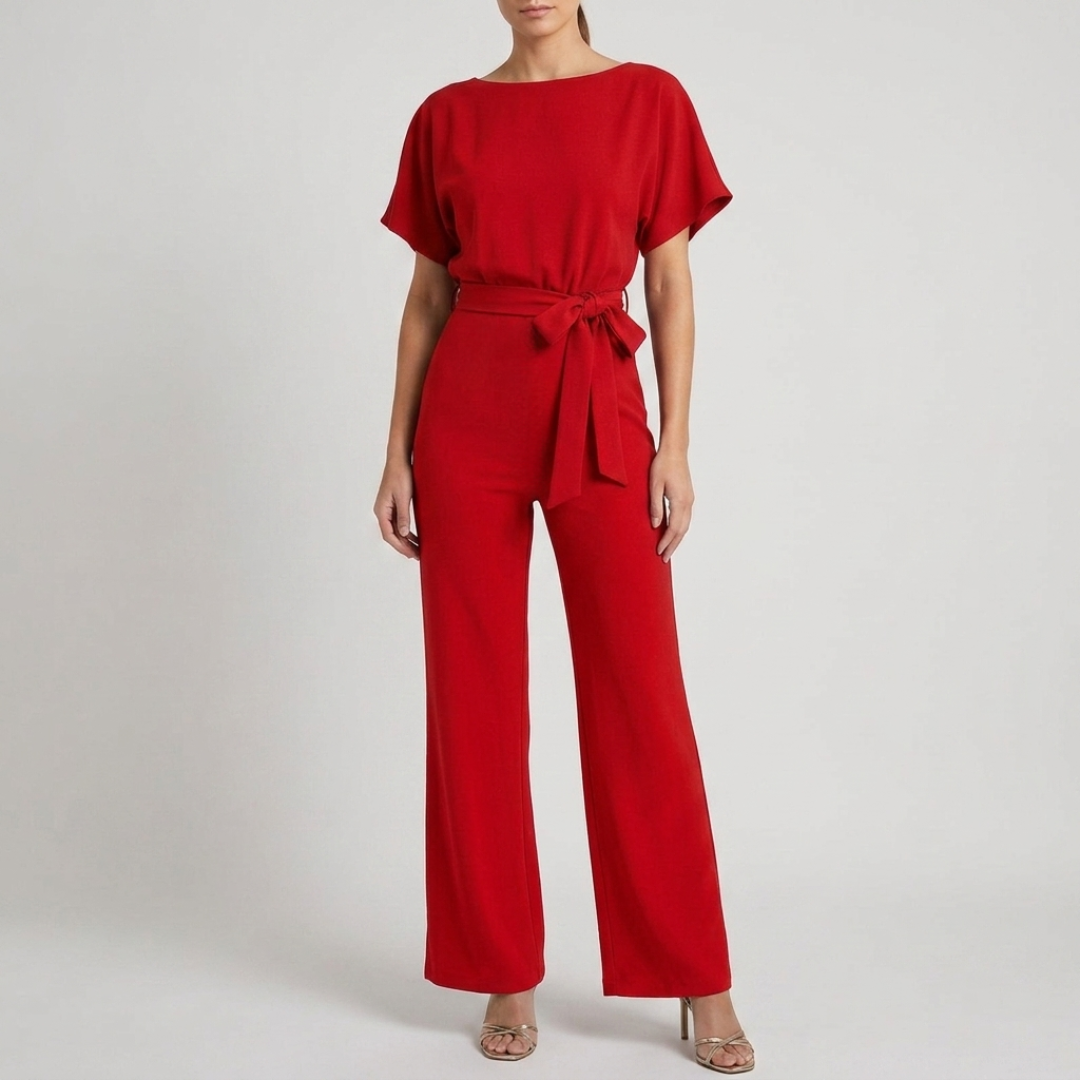 Combinaison femme rouge col bateau ceinture à nouer coupe ample