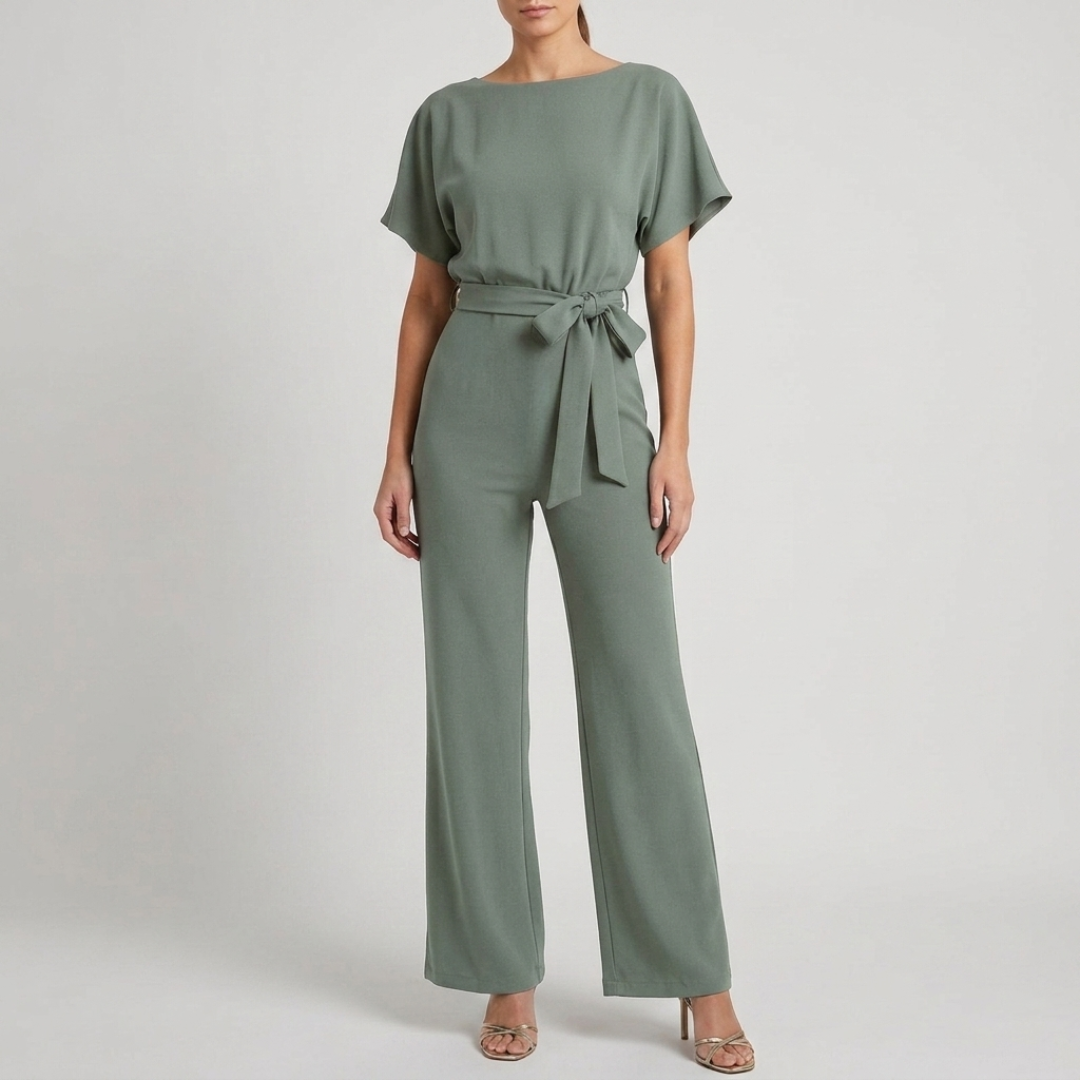 Combinaison femme vert clair col bateau ceinture cravate coupe large