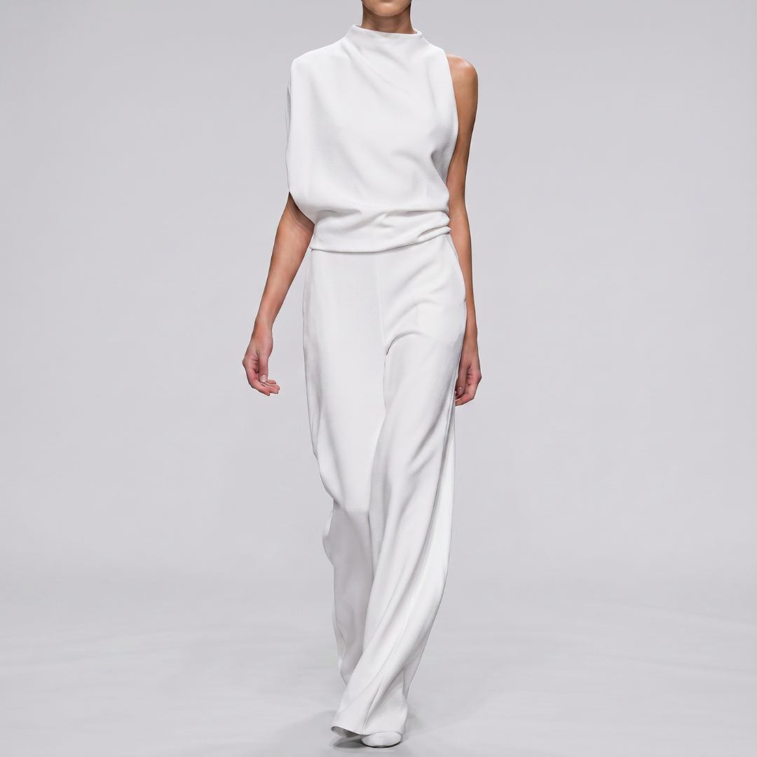 Combinaison longue blanche col montant jambes larges