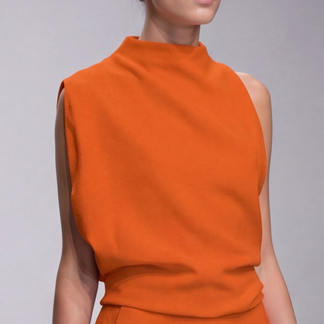 Combinaison longue orange col montant coupe fluide vue rapprochée