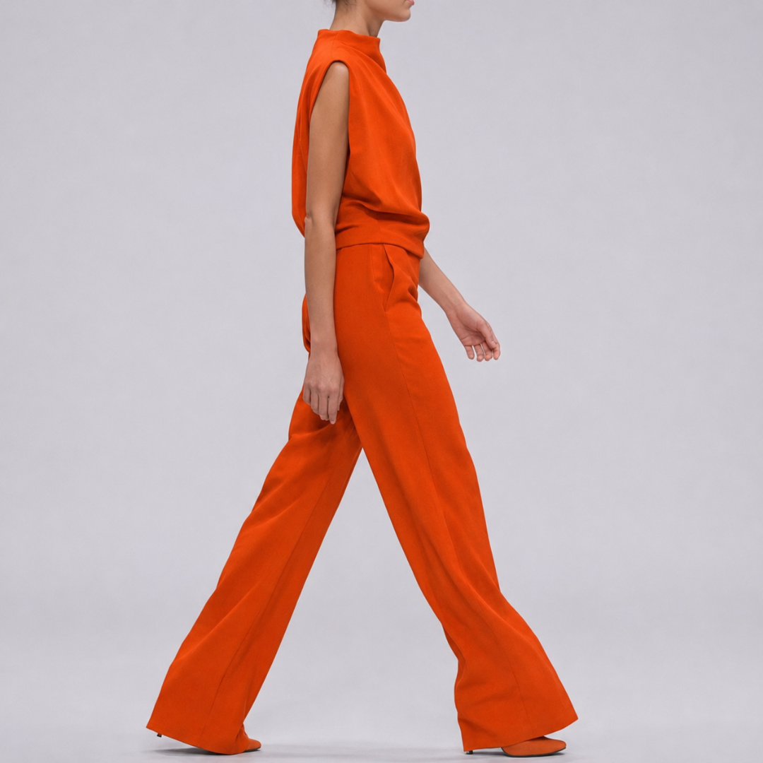 Combinaison longue orange col montant coupe fluide vue rapprochée