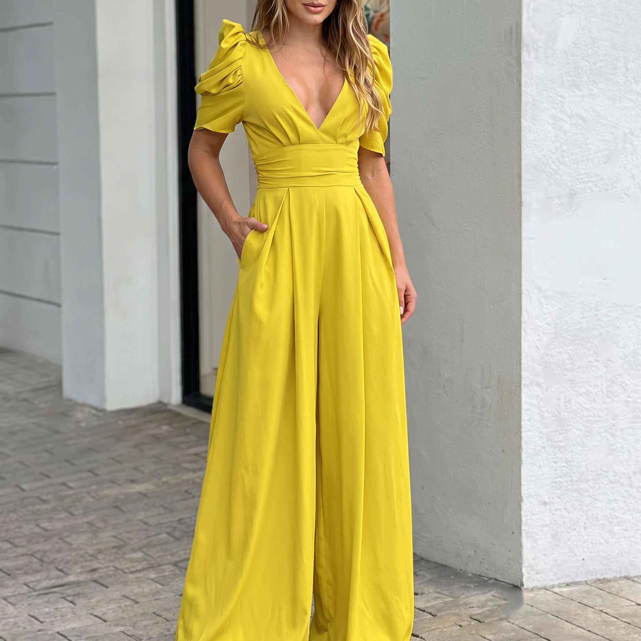 Combinaison longue femme jaune col V ceinture intégrée