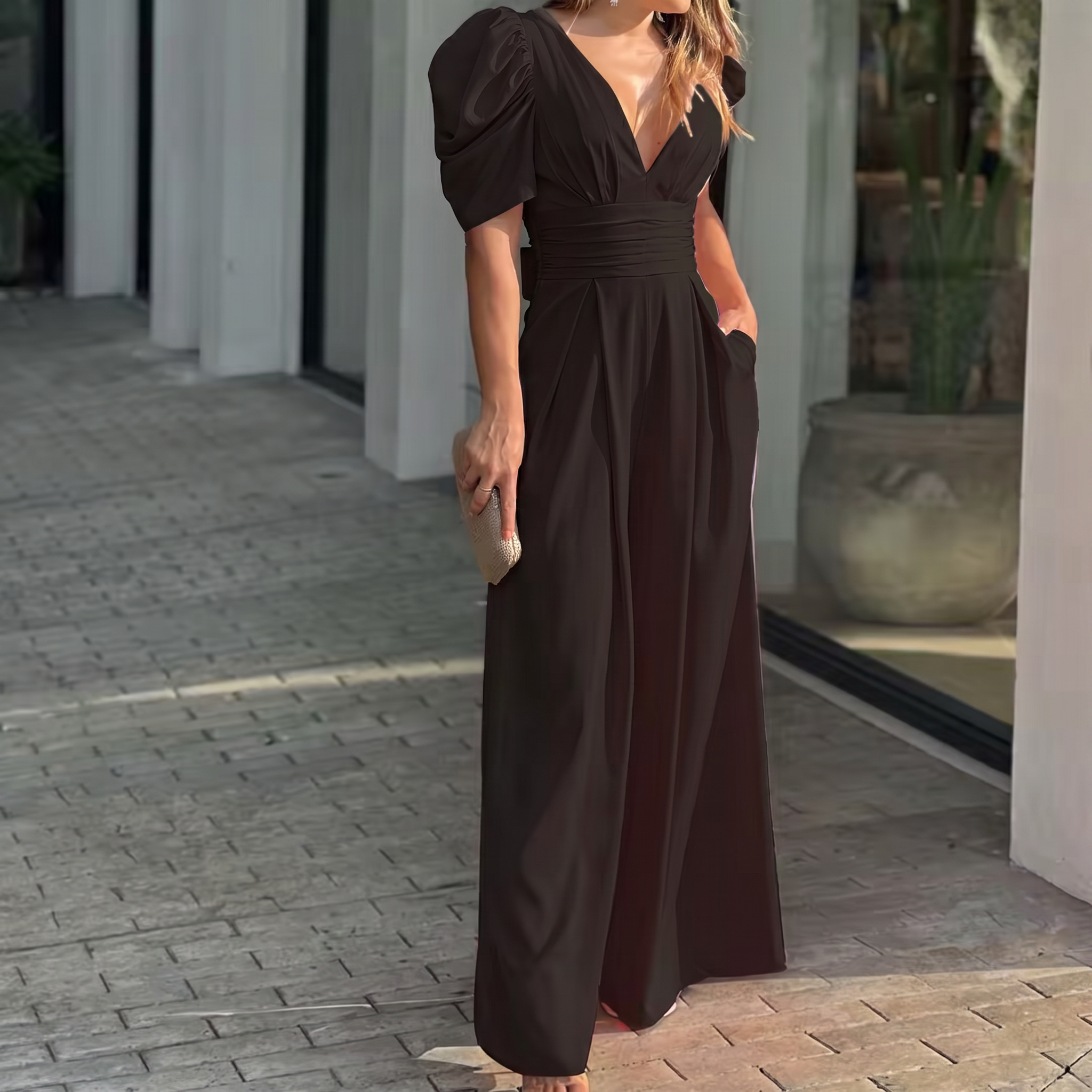 Combinaison longue femme noir col V manches courtes bouffantes