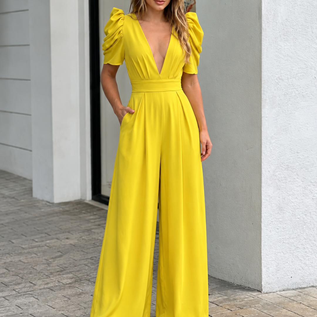 Combinaison longue jaune vif col V, manches bouffantes et poches latérales