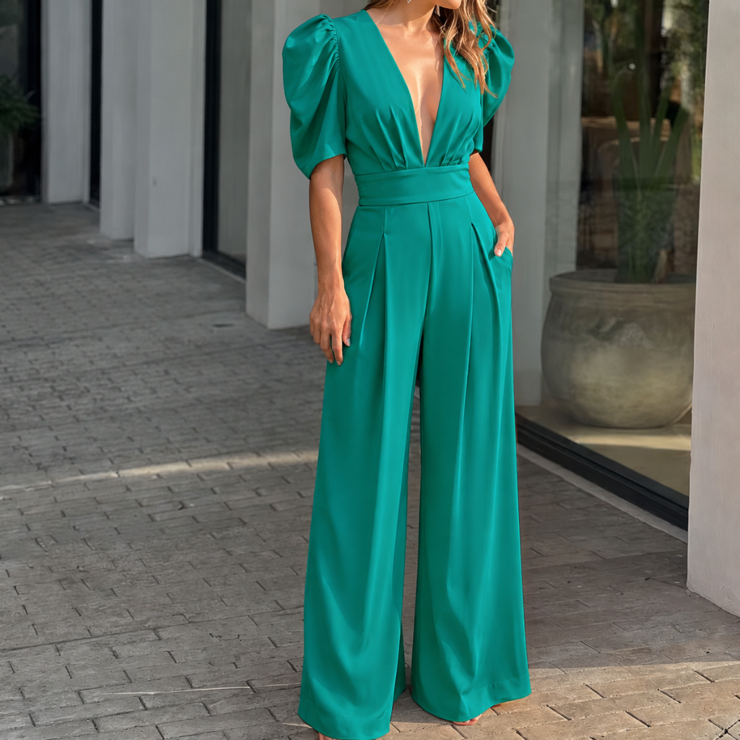 Combinaison longue turquoise col V profond, taille ceinturée et jambes amples