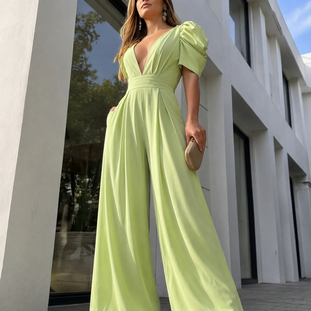 Combinaison longue vert clair jambes larges, col V et pochette pailletée