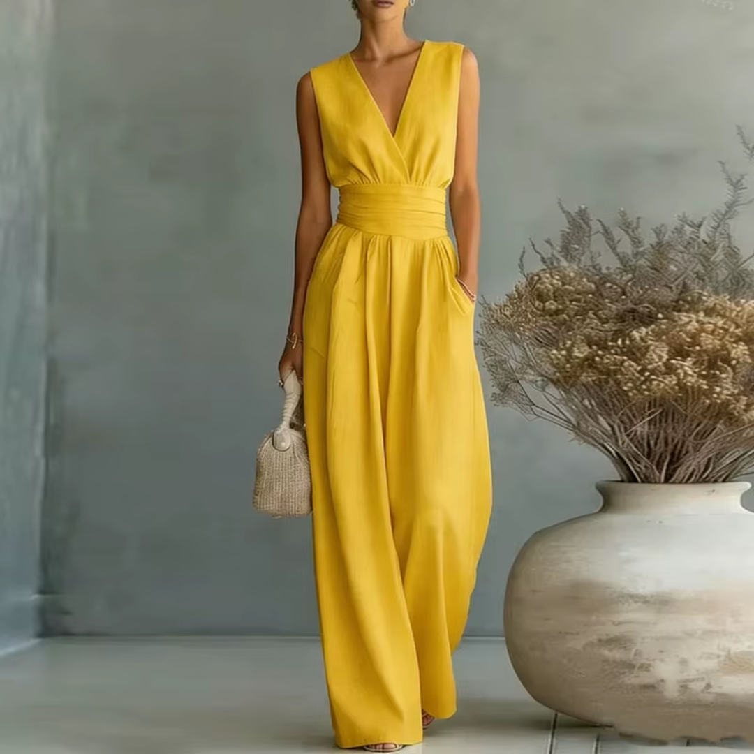 Combinaison longue femme jaune col V ceinture structurée été