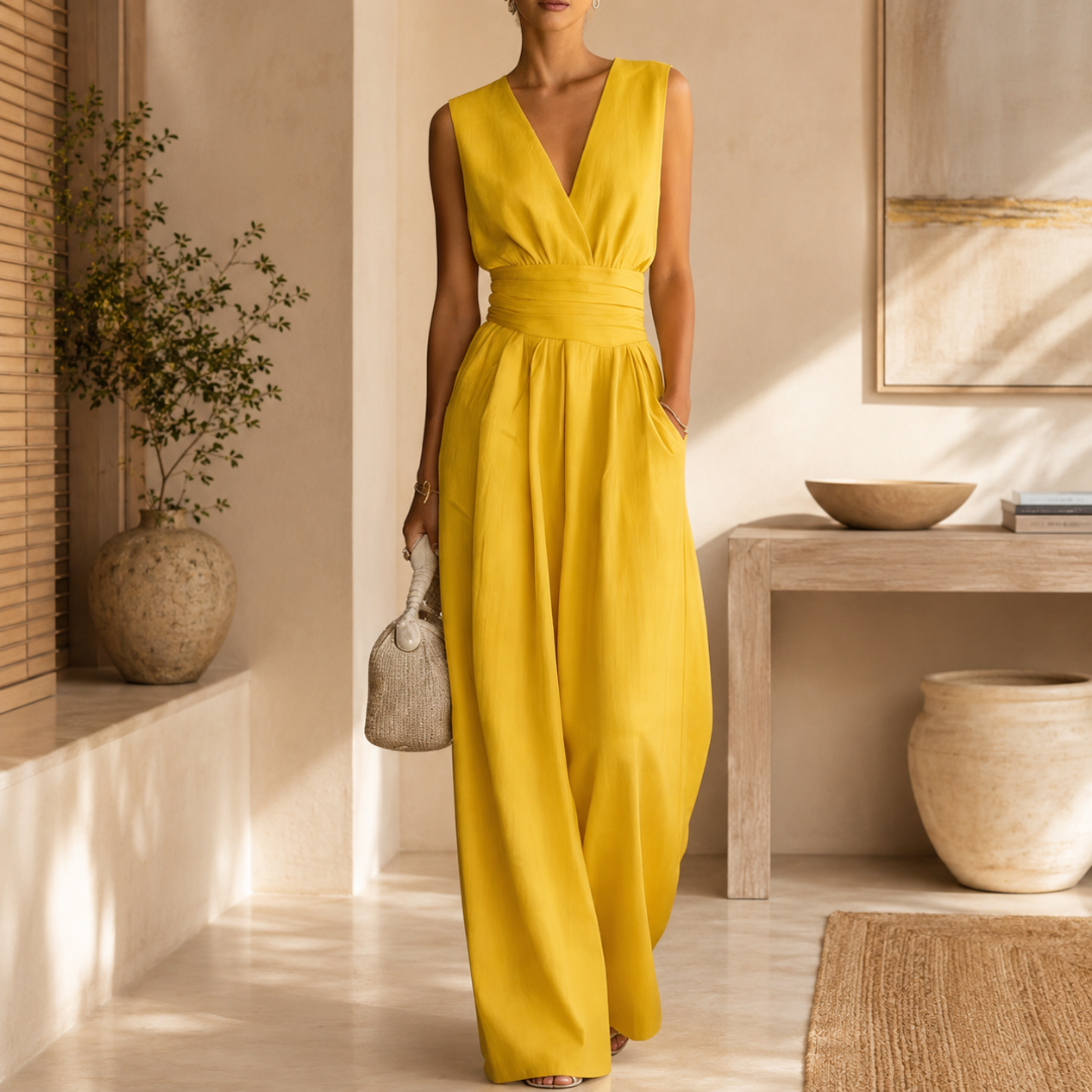 Combinaison jaune col V sans manches, tenue estivale lumineuse et fluide