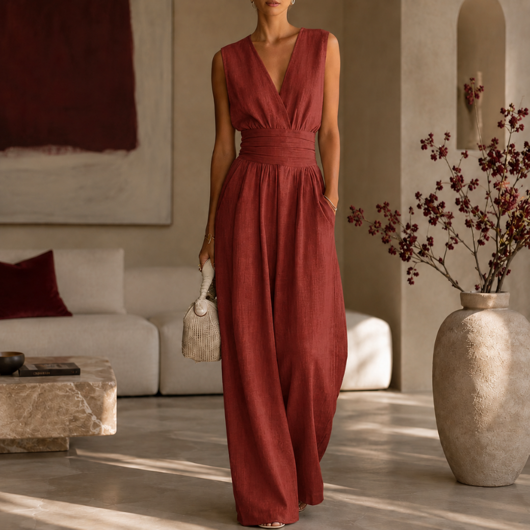 Combinaison rouge col V, silhouette élégante et fluide de face