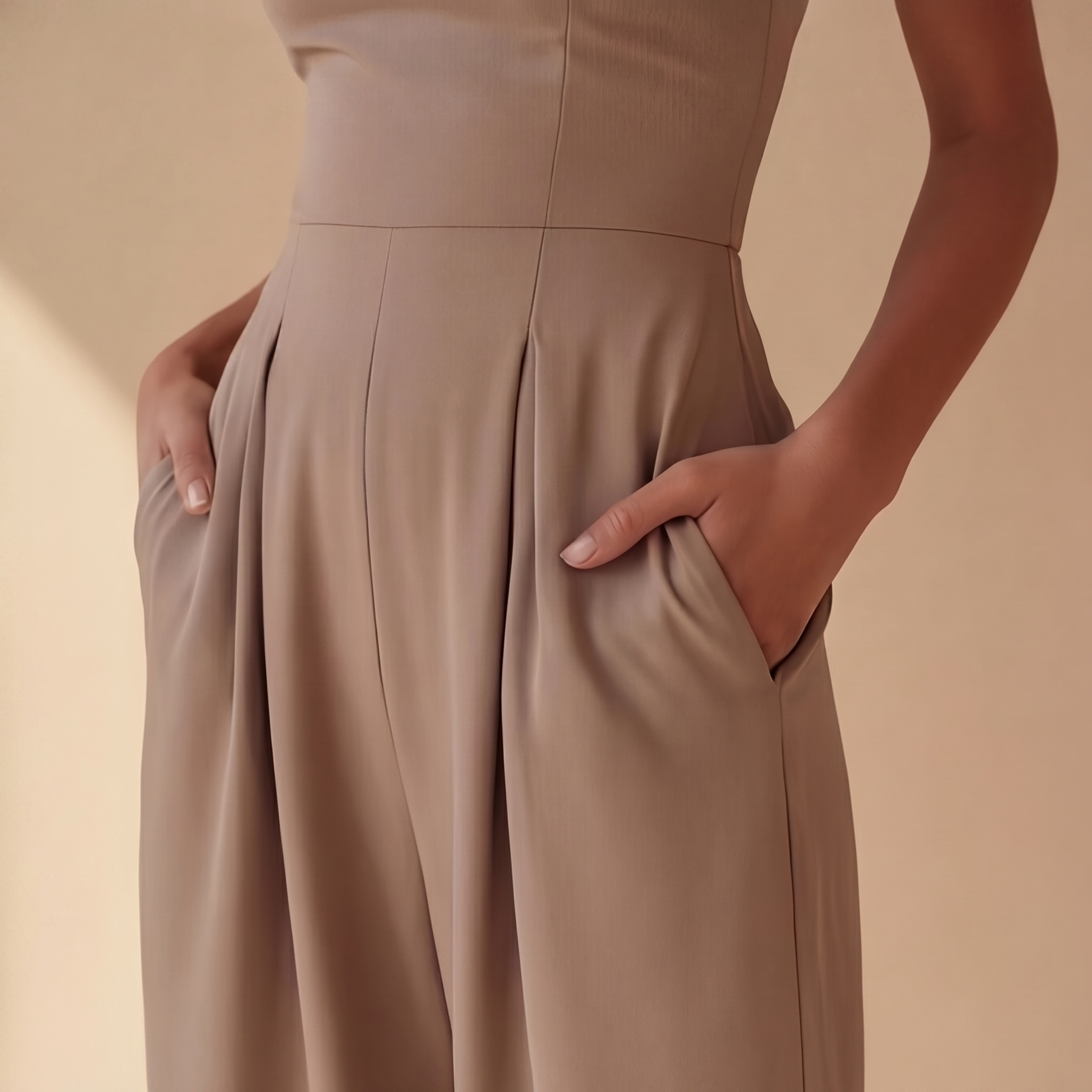 Combinaison femme fluide beige sable coupe palazzo profil droit
