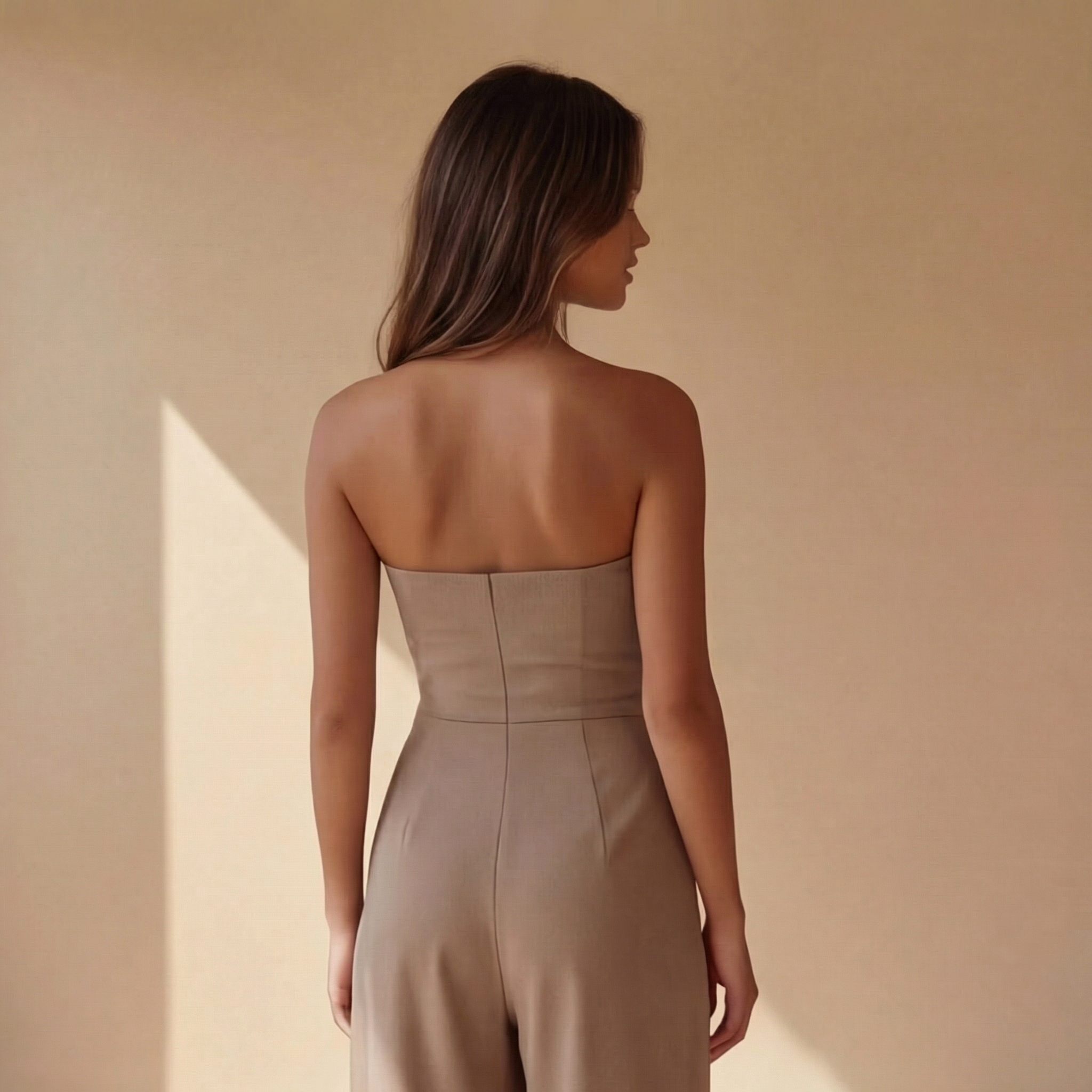 Combinaison sans bretelles beige sable vue dos silhouette complète