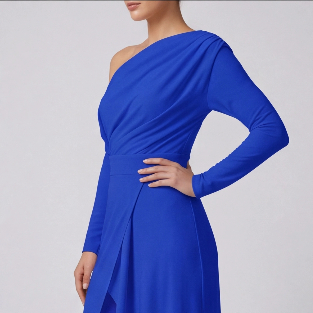 Combinaison bleue femme one-shoulder vue de profil gauche