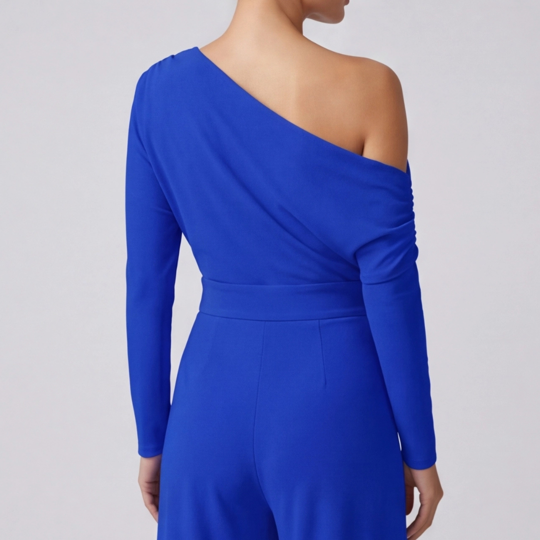 Combinaison bleue femme one-shoulder vue de face zoom haut drapé