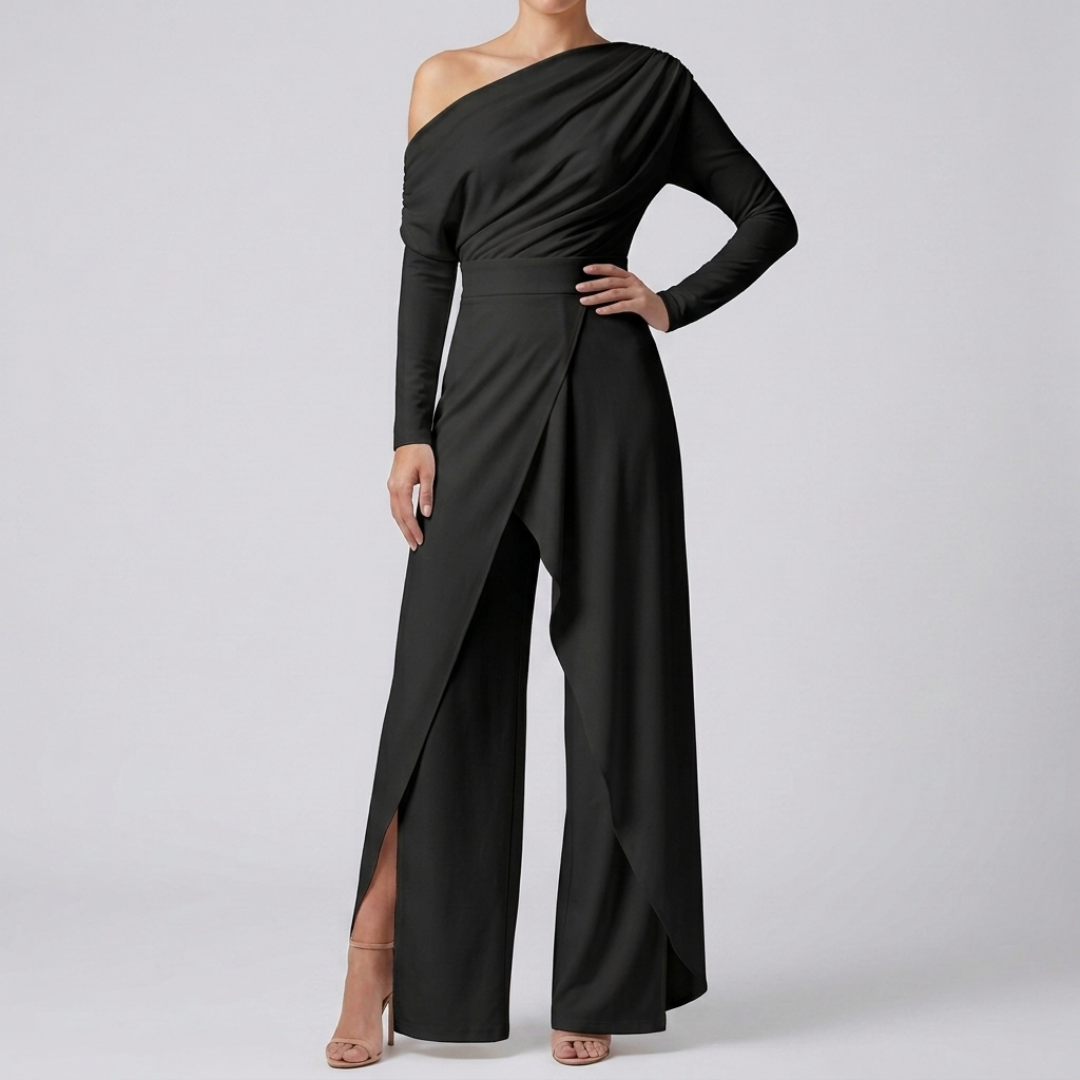 Combinaison noire femme one-shoulder manches longues jambes larges fente