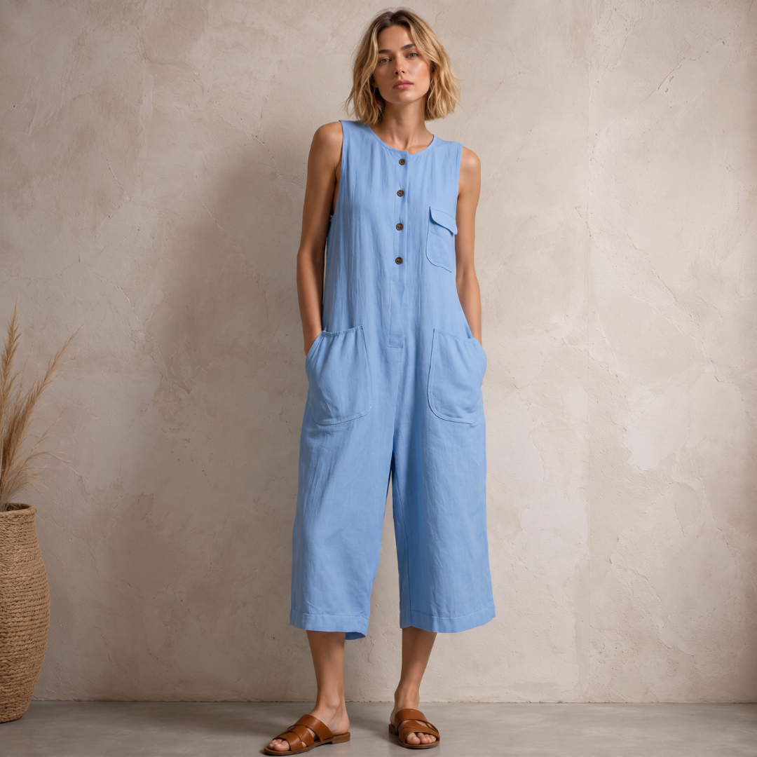 Combinaison femme bleue sans manches col rond boutonnée jambe large, vue de face