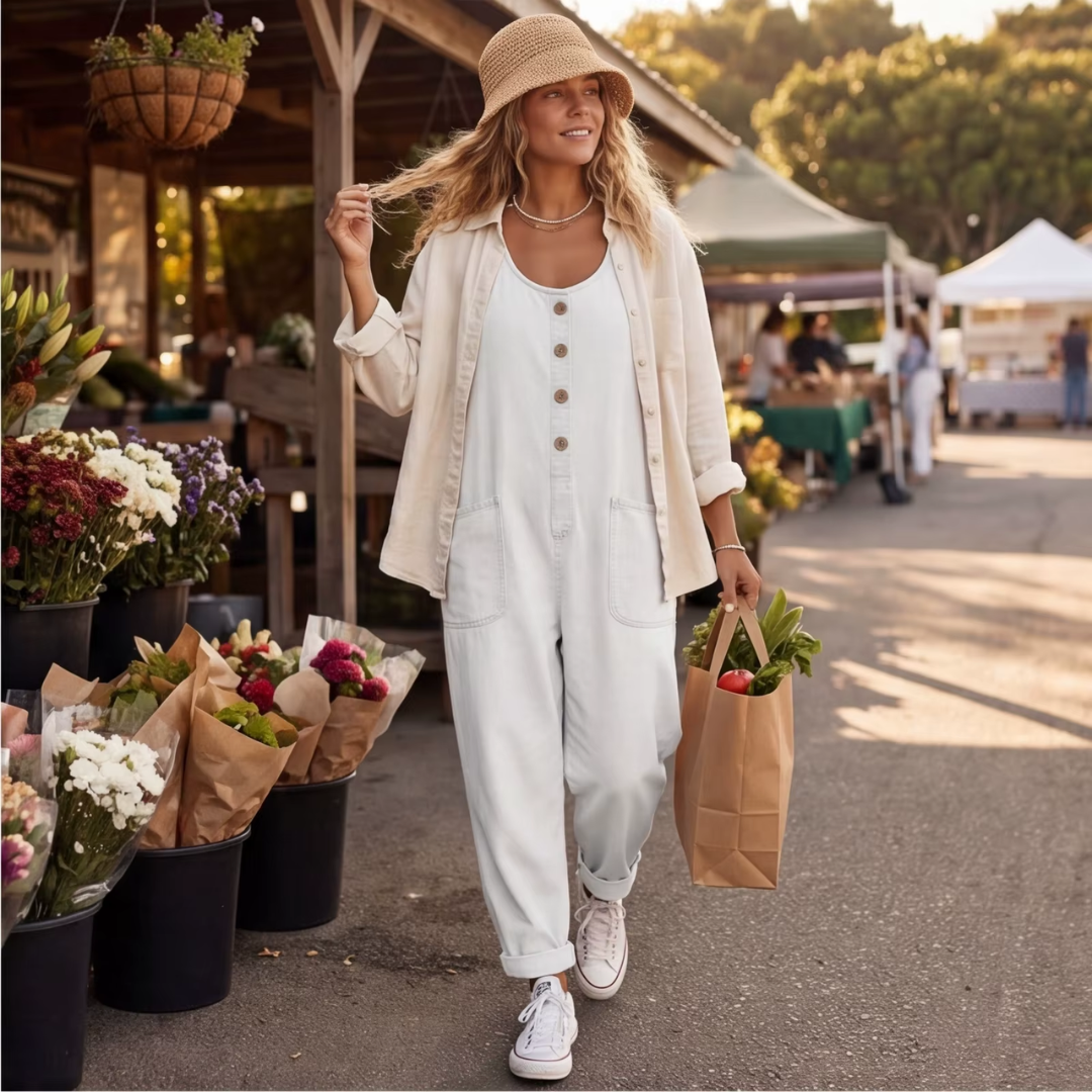 Combinaison jean Fiona blanc au marché en plein air, pose naturelle