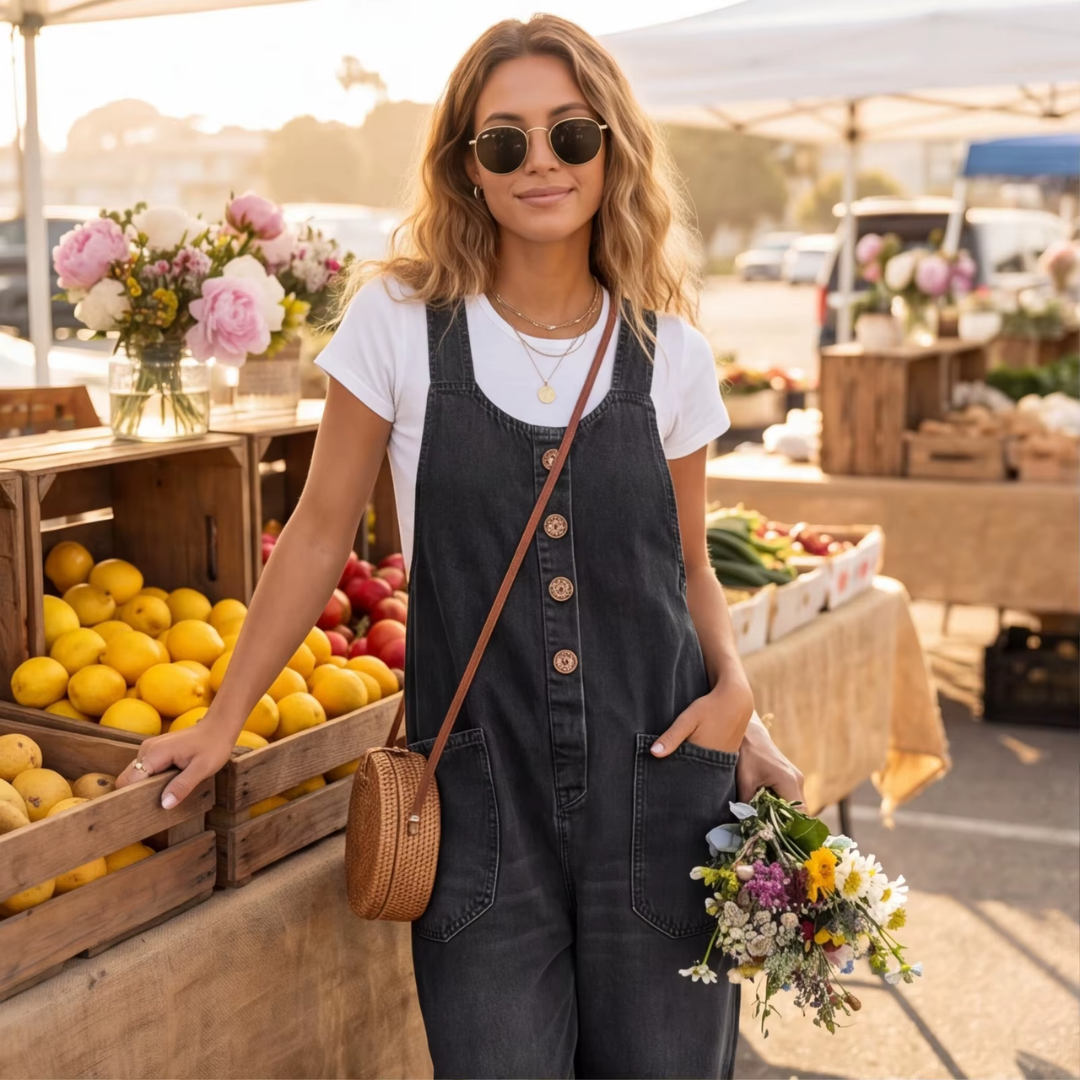Combinaison jean Fiona noir portée au marché, look casual décontracté