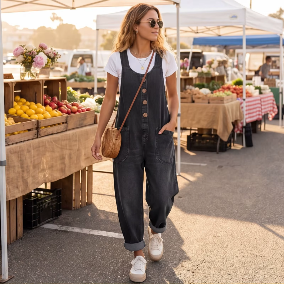 Combinaison jean Fiona noir avec chapeau, marché en arrière-plan