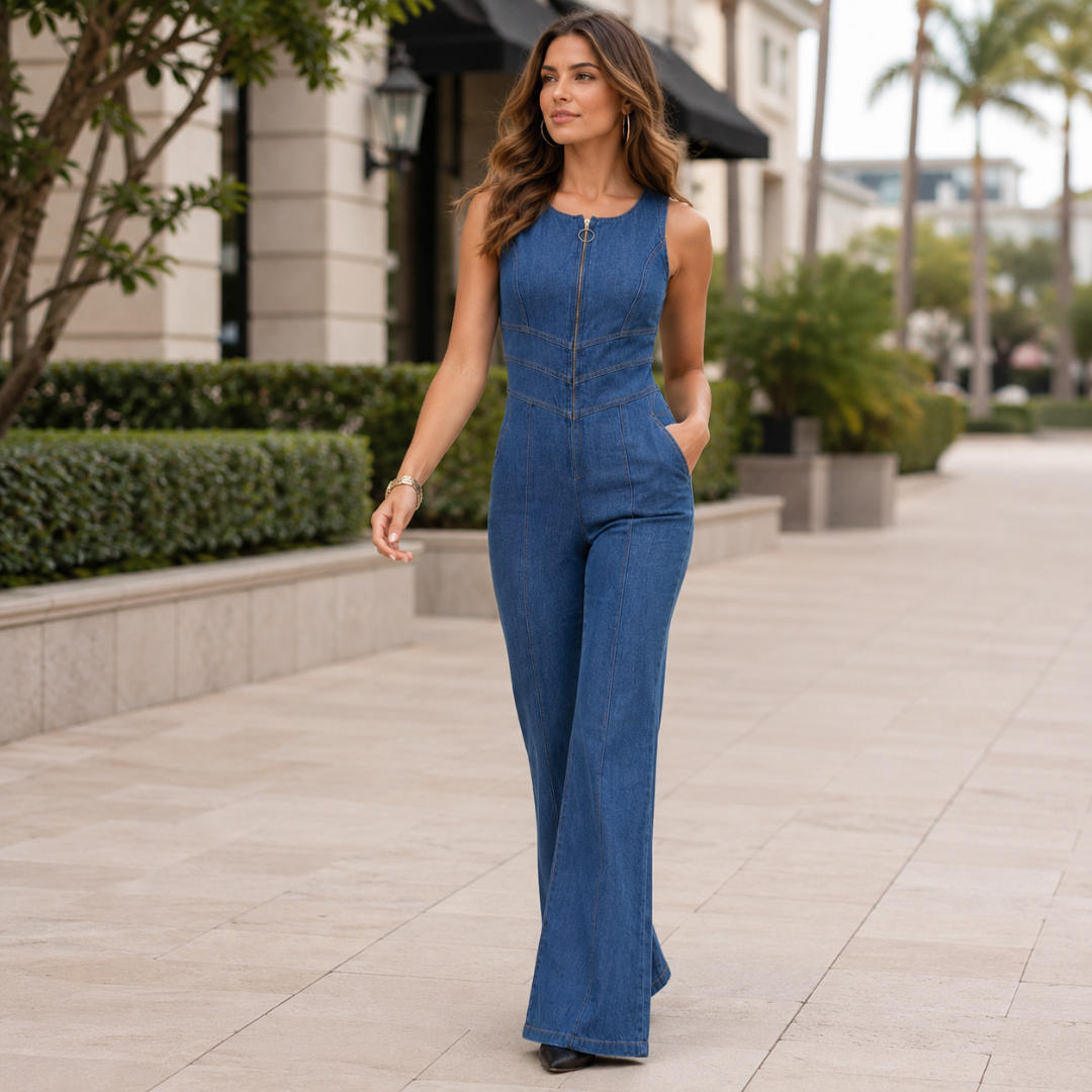 Combinaison jean femme bleu jambe évasée, vue en pied en extérieur