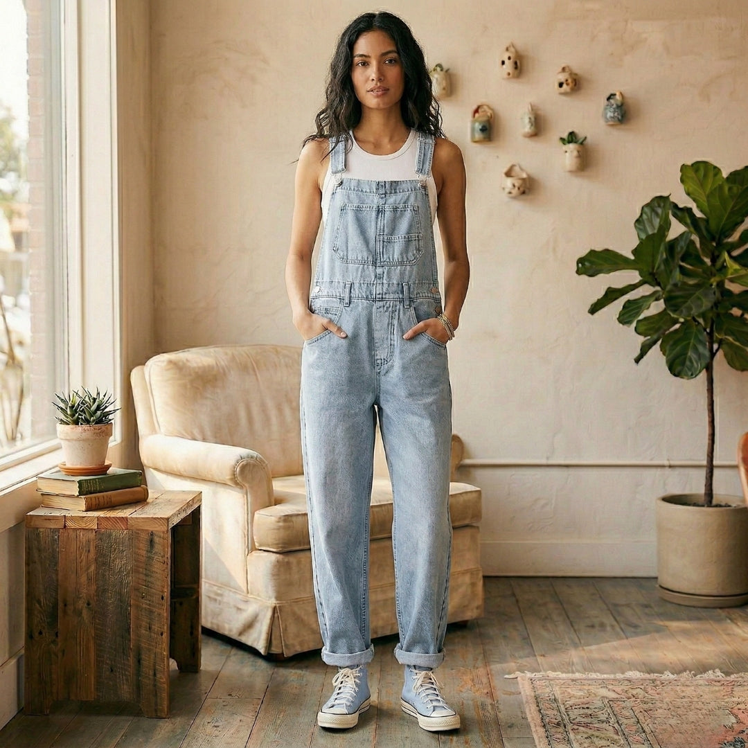 Vue de face, main dans les cheveux, combinaison salopette en jean bleu clair