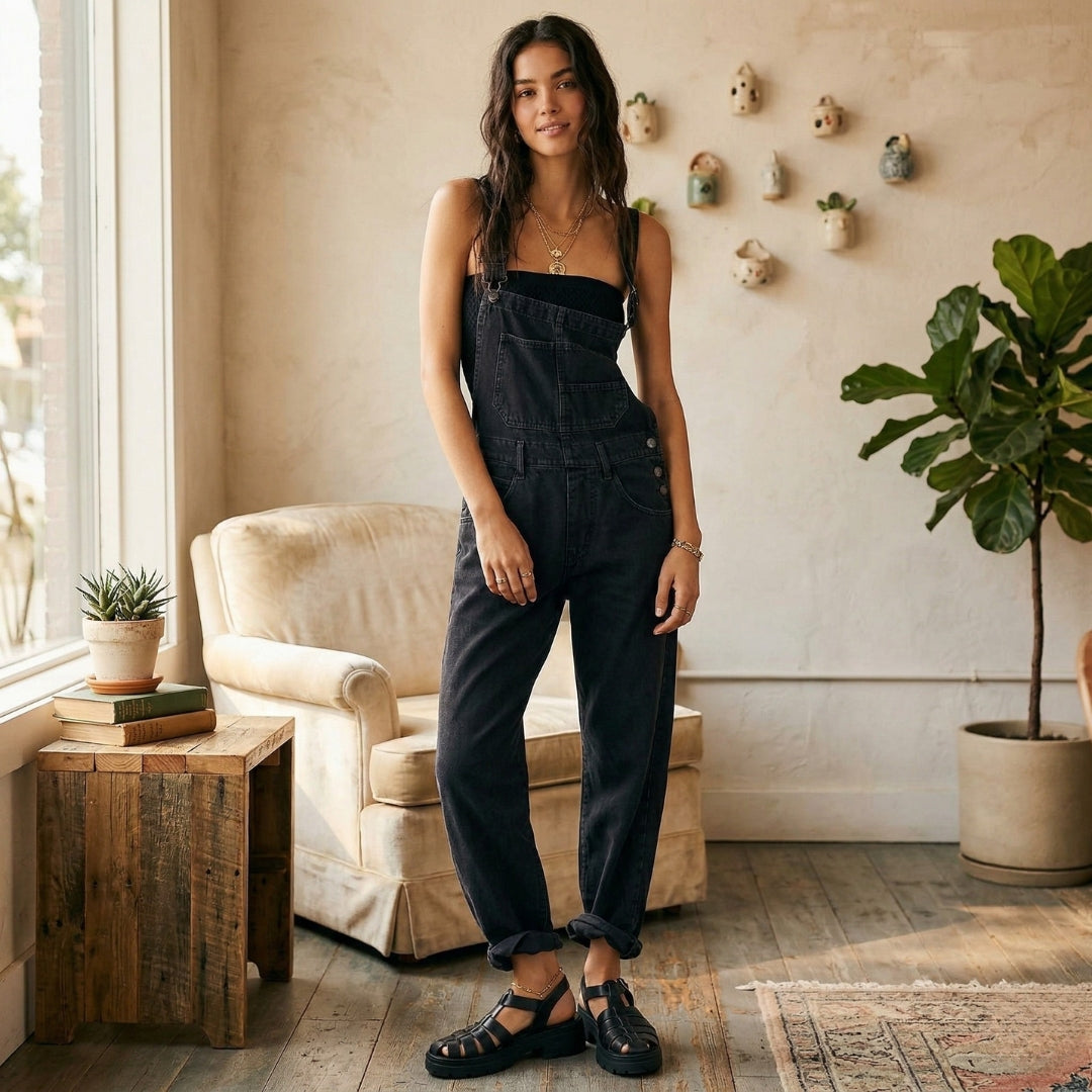 Vue de face, debout, combinaison salopette noire, allure élégante et casual